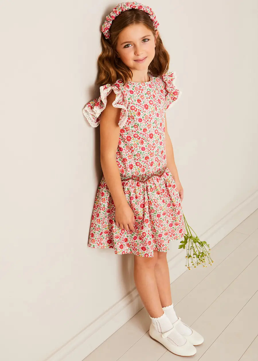 Margot Floral Sleeveless Hand-Smocked Girls Dress in Red - Liberty Fabric (Ages 4-12 Years) | Perfect for Summer Parties, Weddings & Special Occasions