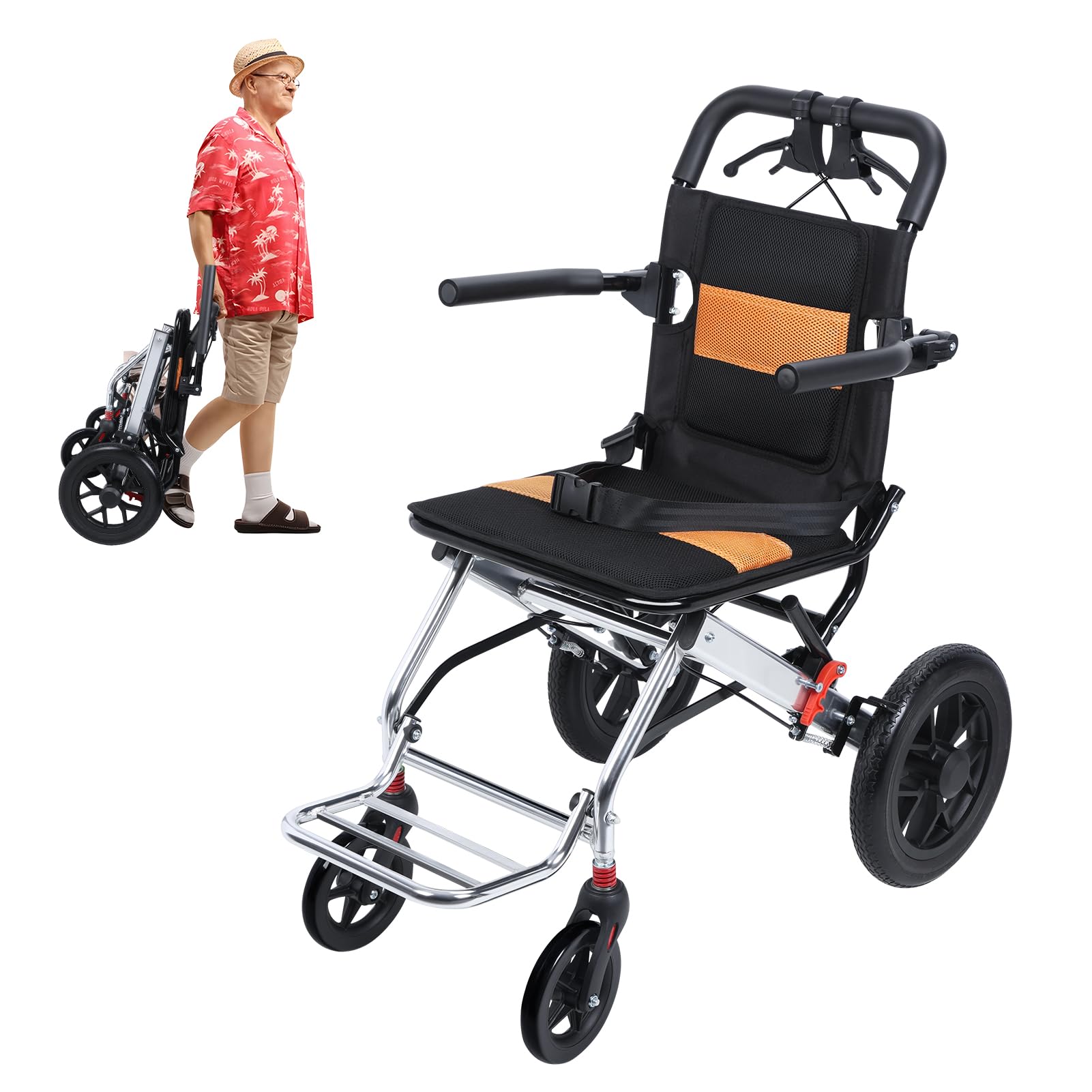Lightweight Folding 4-Wheel Rollator Walker with Adjustable Safety Strap - Portable Mobility Aid Wheelchair for Adults & Seniors - Comfortable & Sturdy Travel Wheelchair Supports 80kg (176lbs) - Ideal for Indoor/Outdoor Use, Shopping, Travel & Rehabilitation