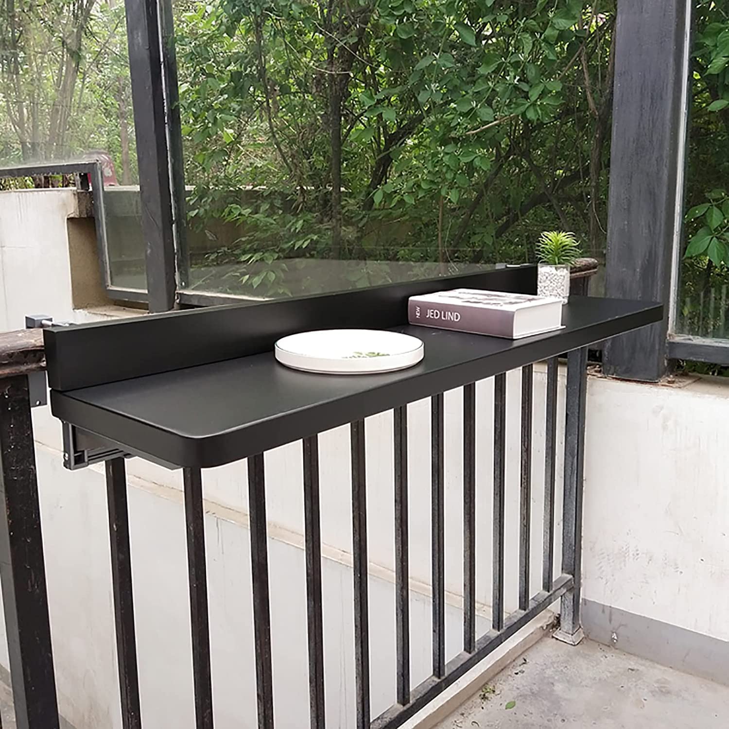 Balcony Hanging Table - Folding Railing Mounted Table for Outdoor, Garden, Deck - Counter Height (80x40cm) Black - Perfect for Small Space Dining, Coffee Break & Relaxing on Balcony