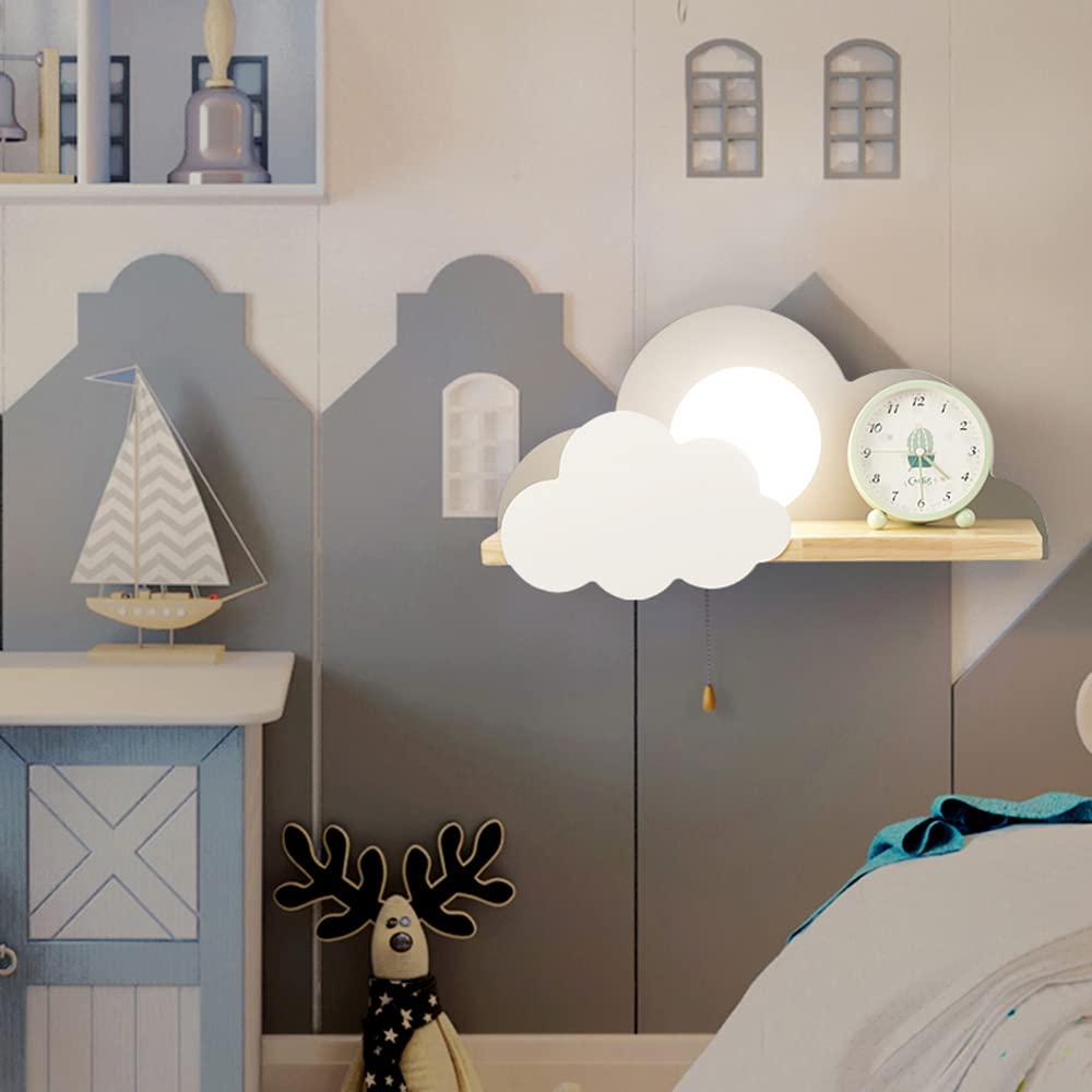 LITFAD Modern LED Wall Sconce Light - Cute Sun & Cloud Design with Pull Chain & Shelf, White Metal Wall Lamp for Girls Bedroom, Kids Room, Hotel Corridor & Stairway - Perfect for Night Light, Nursery Decor & Cozy Ambiance