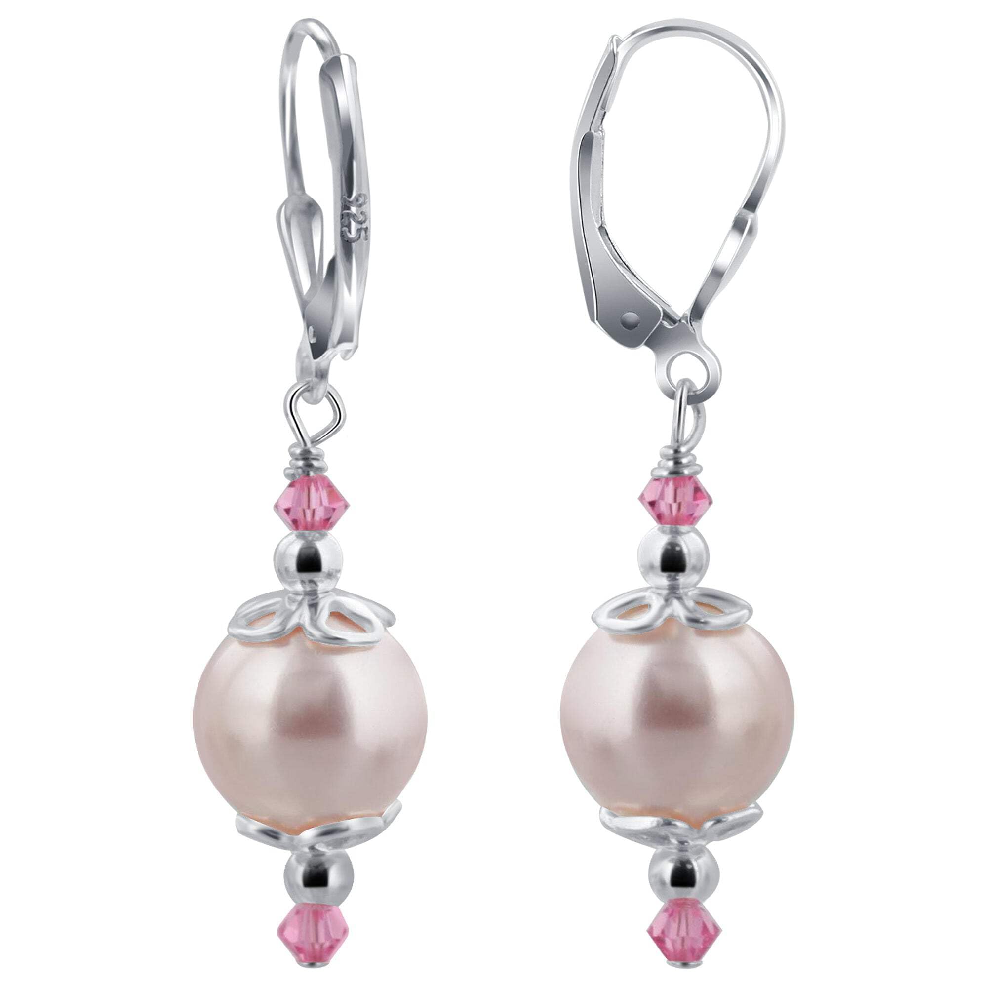 Sterling Silver Pearl Drop Earrings with Crystals for Women