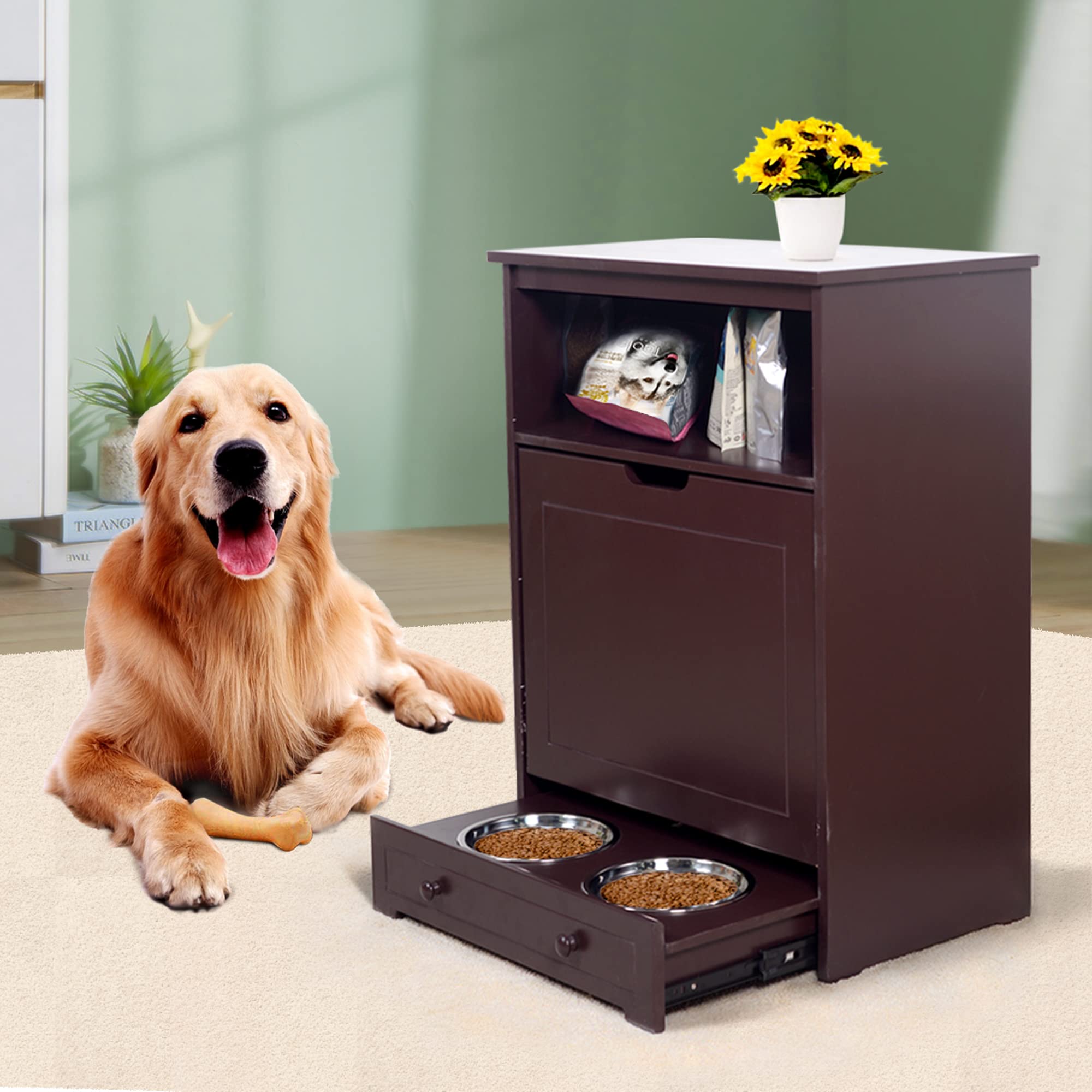 Premium Dog Food Storage Cabinet with 2 Stainless Steel Bowls - Pet Feeding Station & Toy Organizer for Dogs and Cats - Space-Saving Brown Furniture for Kitchen or Laundry Room