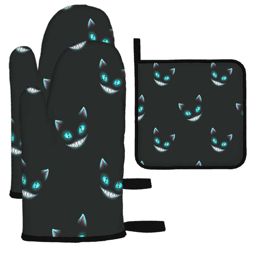 Moslion Cat Face Oven Mitts & Potholders - Halloween Kitchen Gloves with Cheshire Cat Teeth & Demon Ears for Cooking, Baking, Grilling - Perfect for Halloween Parties, BBQ Gatherings & Spooky Kitchen Decor