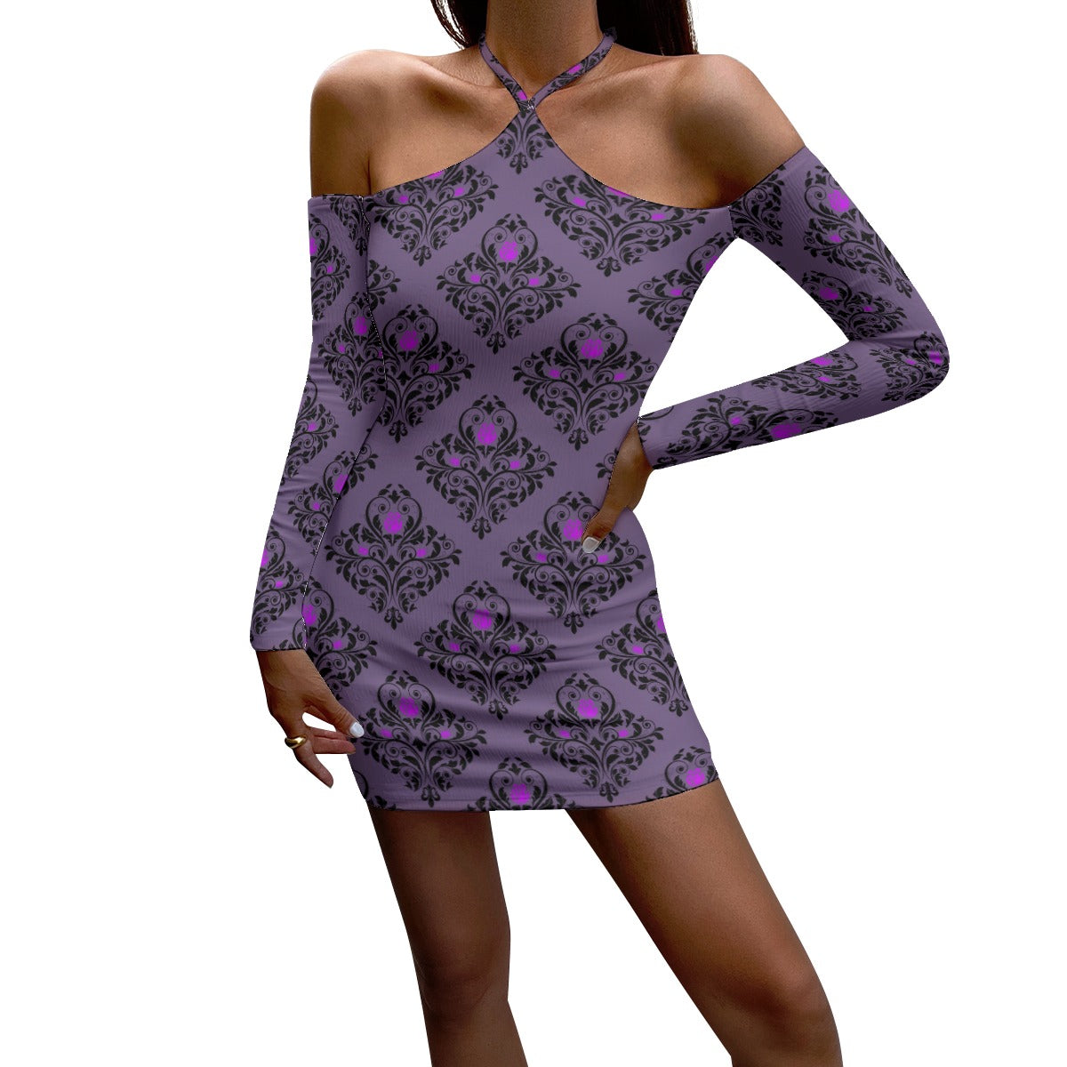 Gothic Purple Halter Lace-Up Dress for Women - Elegant Gothic Fashion, Sexy Backless Party Dress for Night Out, Halloween, Cosplay & Special Occasions