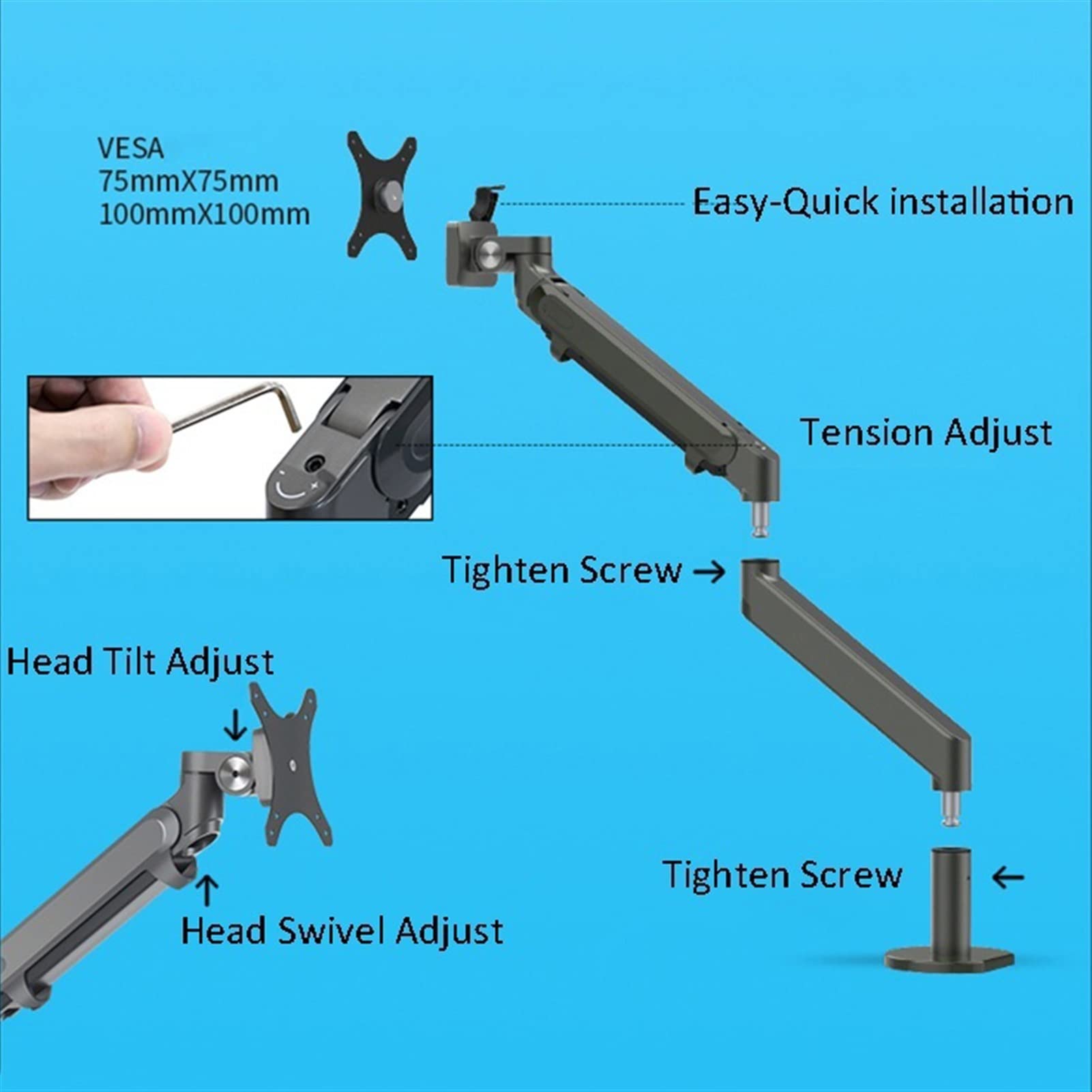 Adjustable Gas Spring Monitor Arm Stand for 17-32 Inch LCD LED Screens - Silver Gray Aluminum Single Monitor Mount Bracket - Perfect for Home Office, Gaming Setup & Workspace Ergonomics