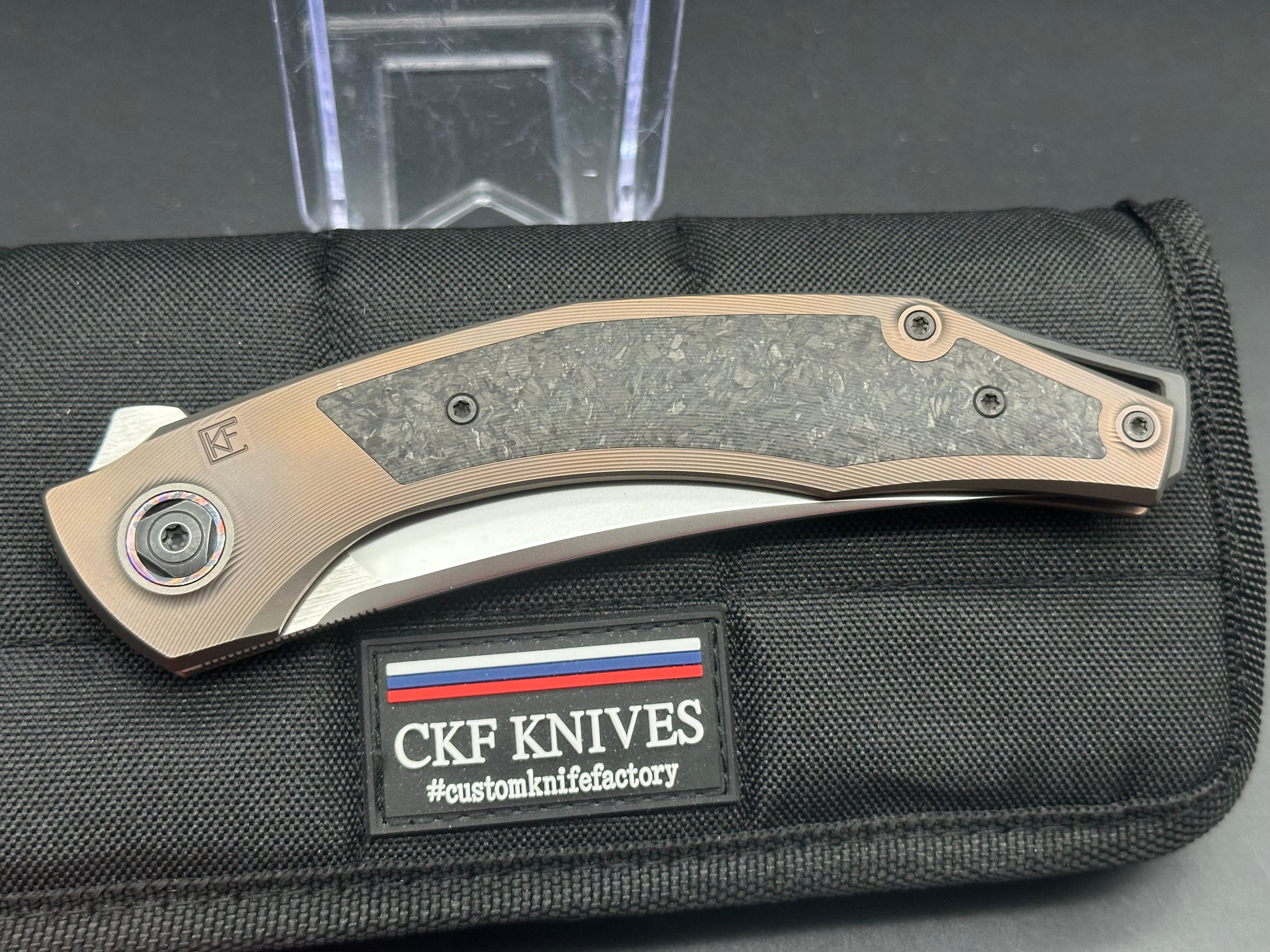 CKF Custom Knife Factory Ablya Folding Knife - Bronze Titanium, Carbon Fiber & Zircuti Handle with M390 Steel Blade - EDC, Outdoor, Camping, Survival Gear