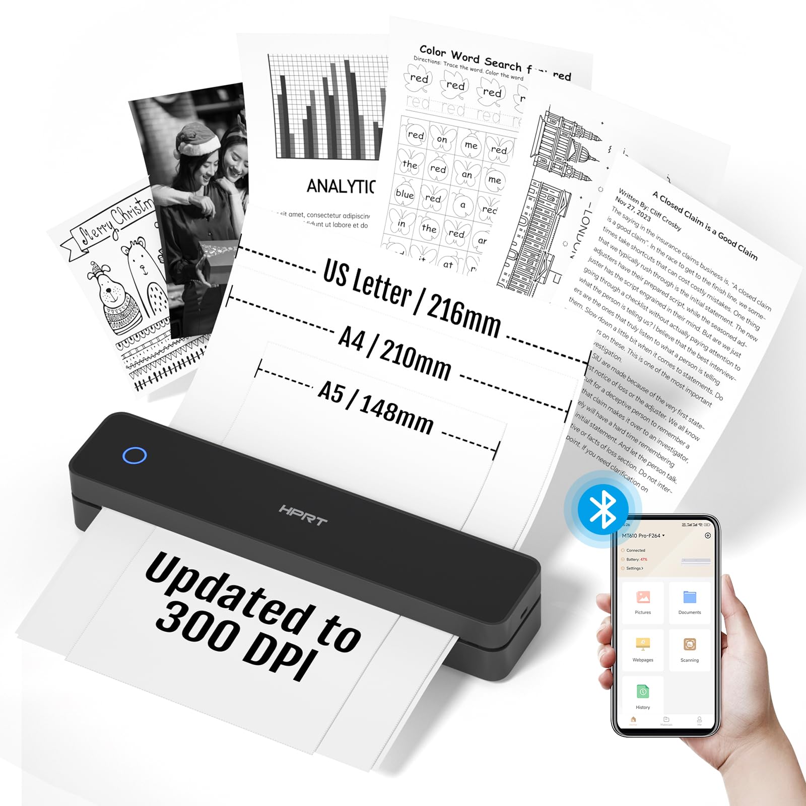 HPRT Wireless Portable Thermal Printer - Bluetooth Compatible with iOS, Android & Laptop - Supports 8.5x11 US Letter & A4 Paper - Inkless Mobile Printer for Office, Home & Travel - Perfect for Receipts, Labels & On-the-Go Printing
