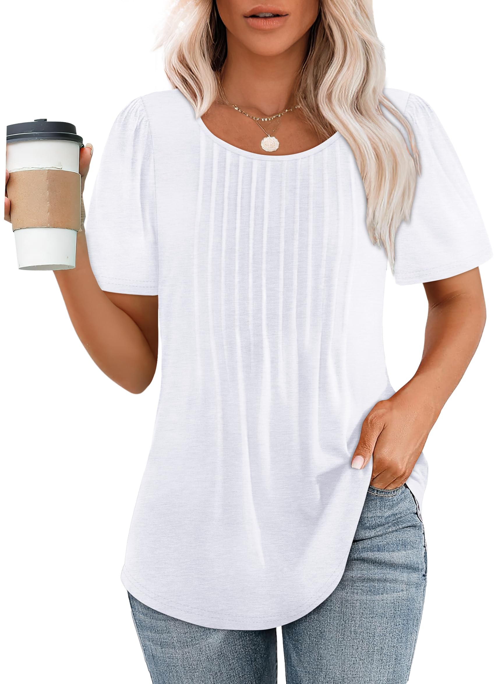 WIHOLL Women's Summer Short Sleeve Shirts - Elegant Pleated Front Casual Tops for Work, Date Night & Outdoor Activities