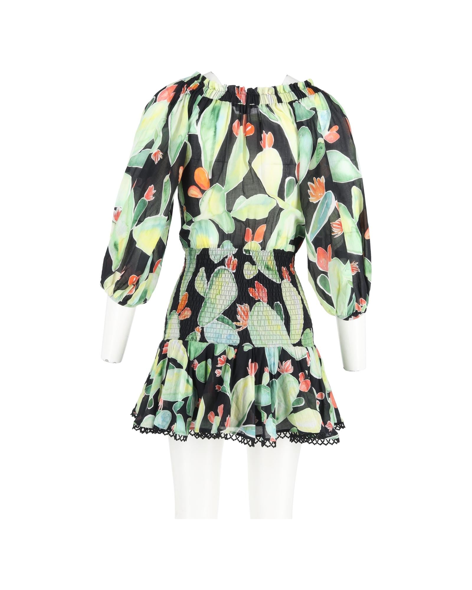 Cute Cactus Print Mini Dress with Smocked Waist - Flowy Summer Dress for Women, Perfect for Beach Vacation, Brunch & Date Night