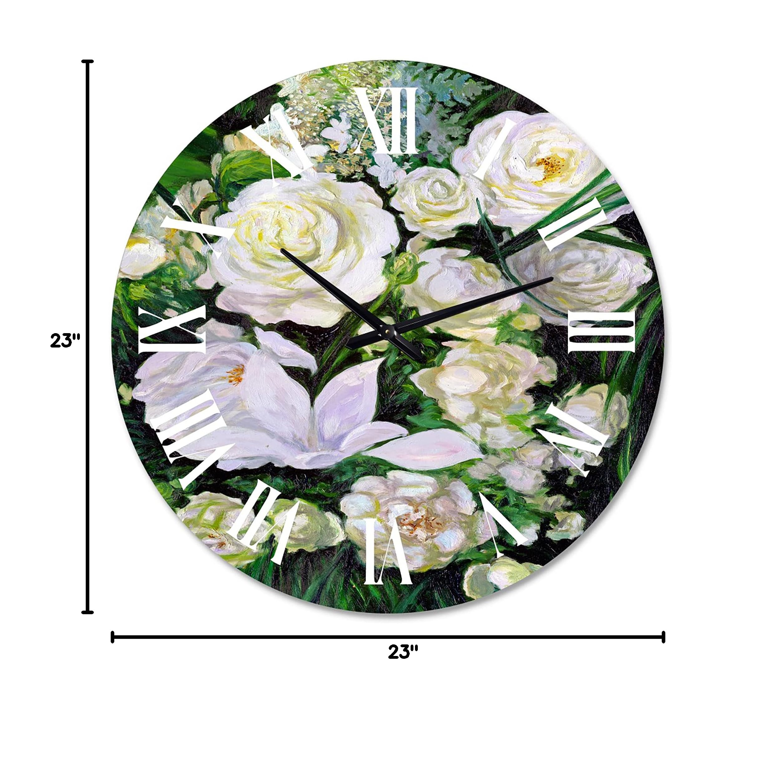 DesignQ Traditional Wall Clock 'Bouquet of White Roses' - Large Floral Botanical Wall Clock for Kitchen, Living Room & Bedroom Decor - Perfect for Home, Office & Gift Giving