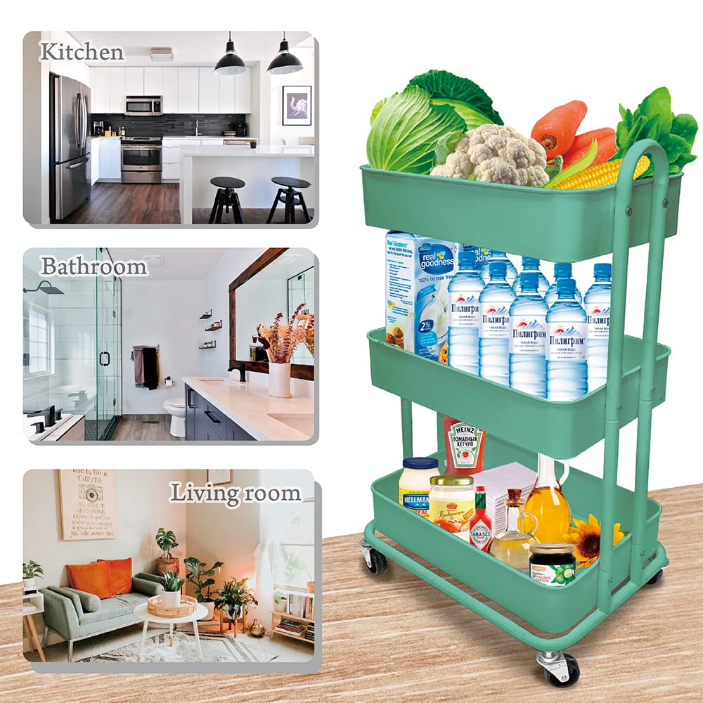 3-Tier Rolling Utility Cart with Wheels - Heavy Duty Metal Storage Organizer for Crafts, Classroom, Kitchen, Bathroom & Office - Perfect for Coffee Station, Makeup, Cleaning Supplies & Baby Items Organization