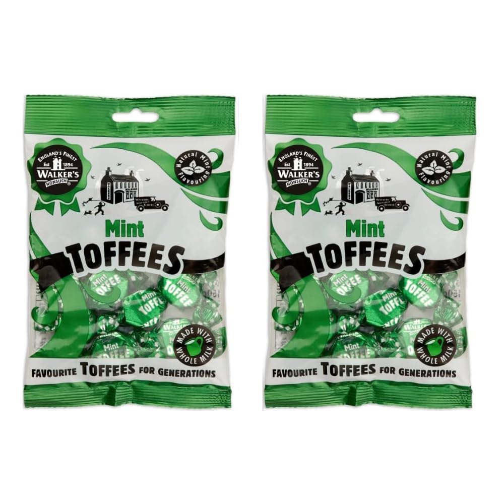 Premium Walkers' Nonsuch Mint Toffee - Whole Milk British Candy with Natural Mint Flavor | Authentic UK Import | Traditional English Sweets | 5.29 Oz (Pack of 2) | Perfect for Gifts, Tea Time & Dessert Pairing