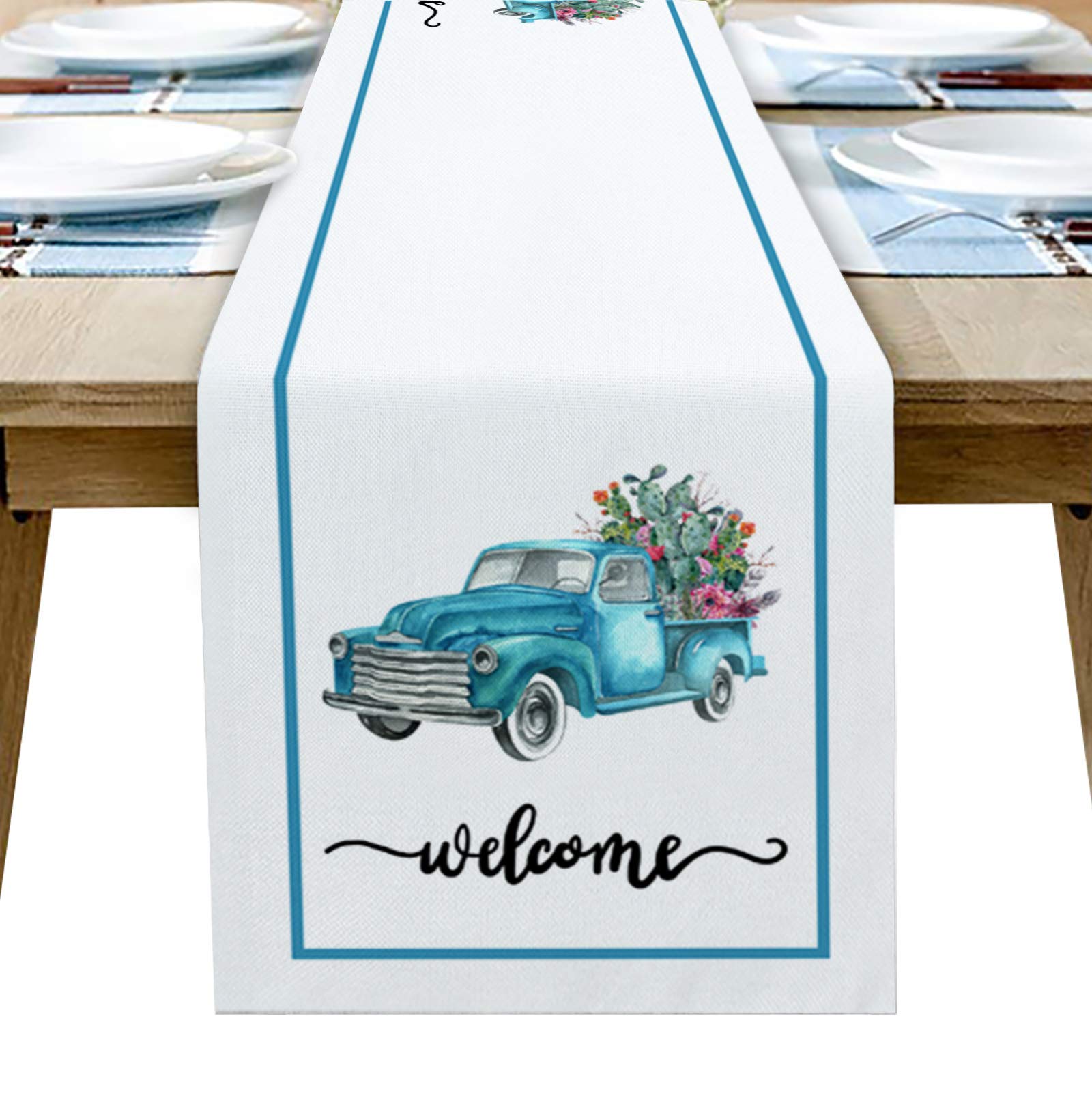 70 Inch Blue Burlap Linen Table Runner with Cactus & Truck Design - Farmhouse Kitchen Dining Decor for Coffee Tables, Parties & Banquets | Rustic Summer Welcome Decor for Home & Tropical Themed Events