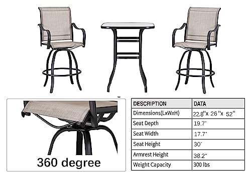 9-Piece Outdoor Patio Swivel Bar Stool Set with 3 Glass Top Tables - All-Weather Bistro Height Dining Chairs for Backyard, Garden, Poolside & Restaurant Use (Grey)
