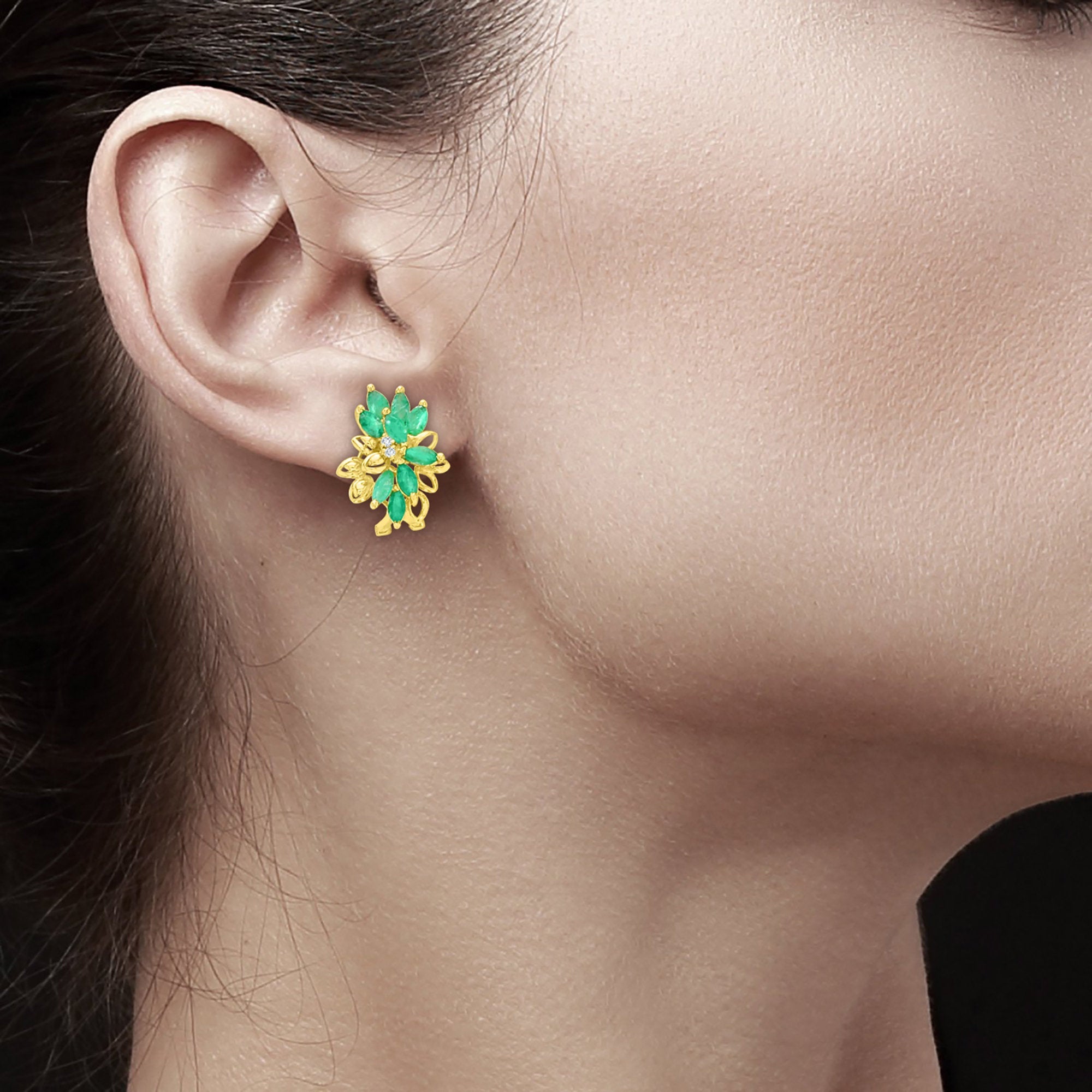 14K Yellow Gold Emerald Cluster Floral Earrings for Women - Elegant Dangle Earrings for Weddings, Parties & Special Occasions