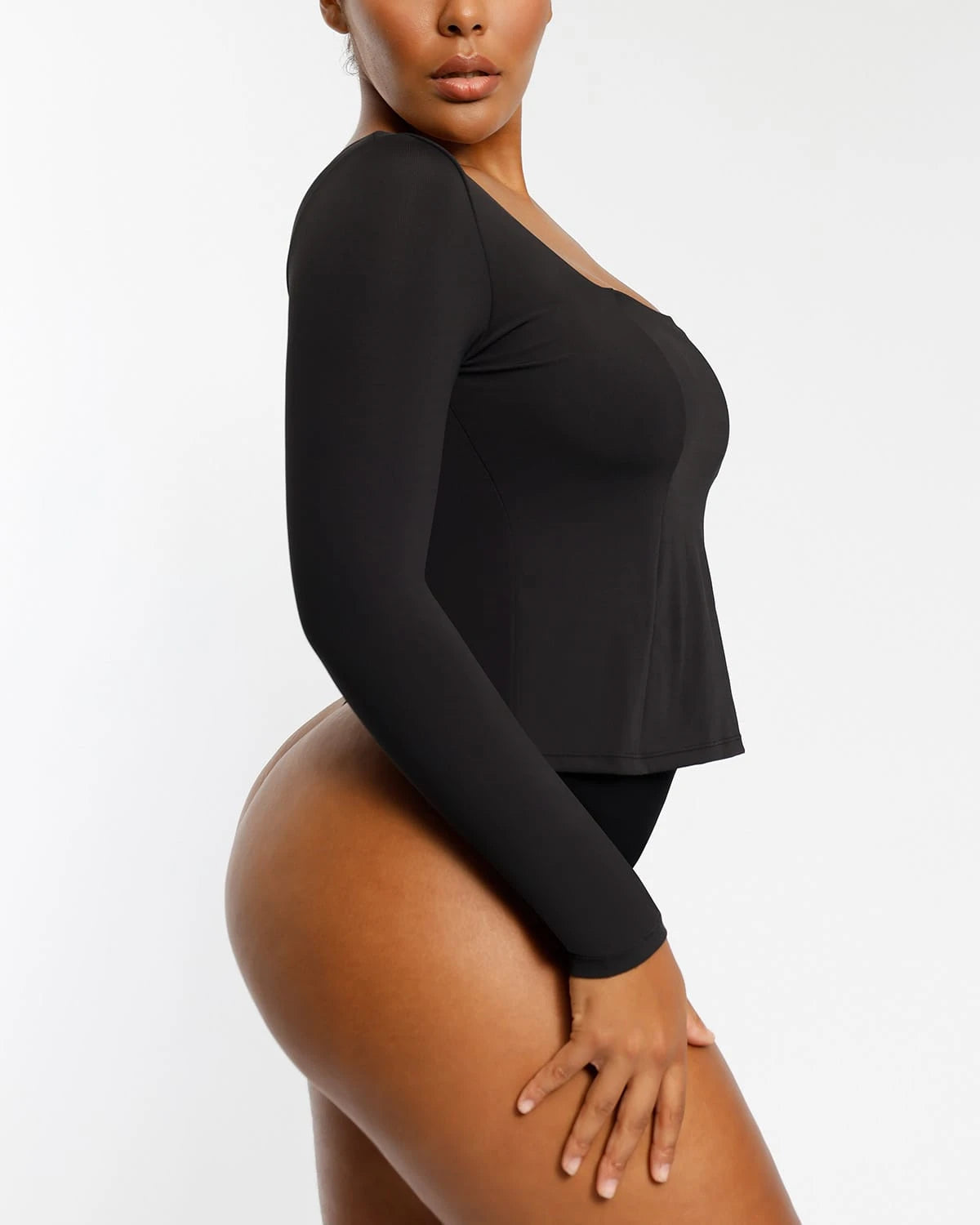 2-in-1 Built-in Shapewear Scoop Neck Long Sleeve Sculpting Top for Women | Slimming Tummy Control Bodysuit for Everyday Wear & Layering