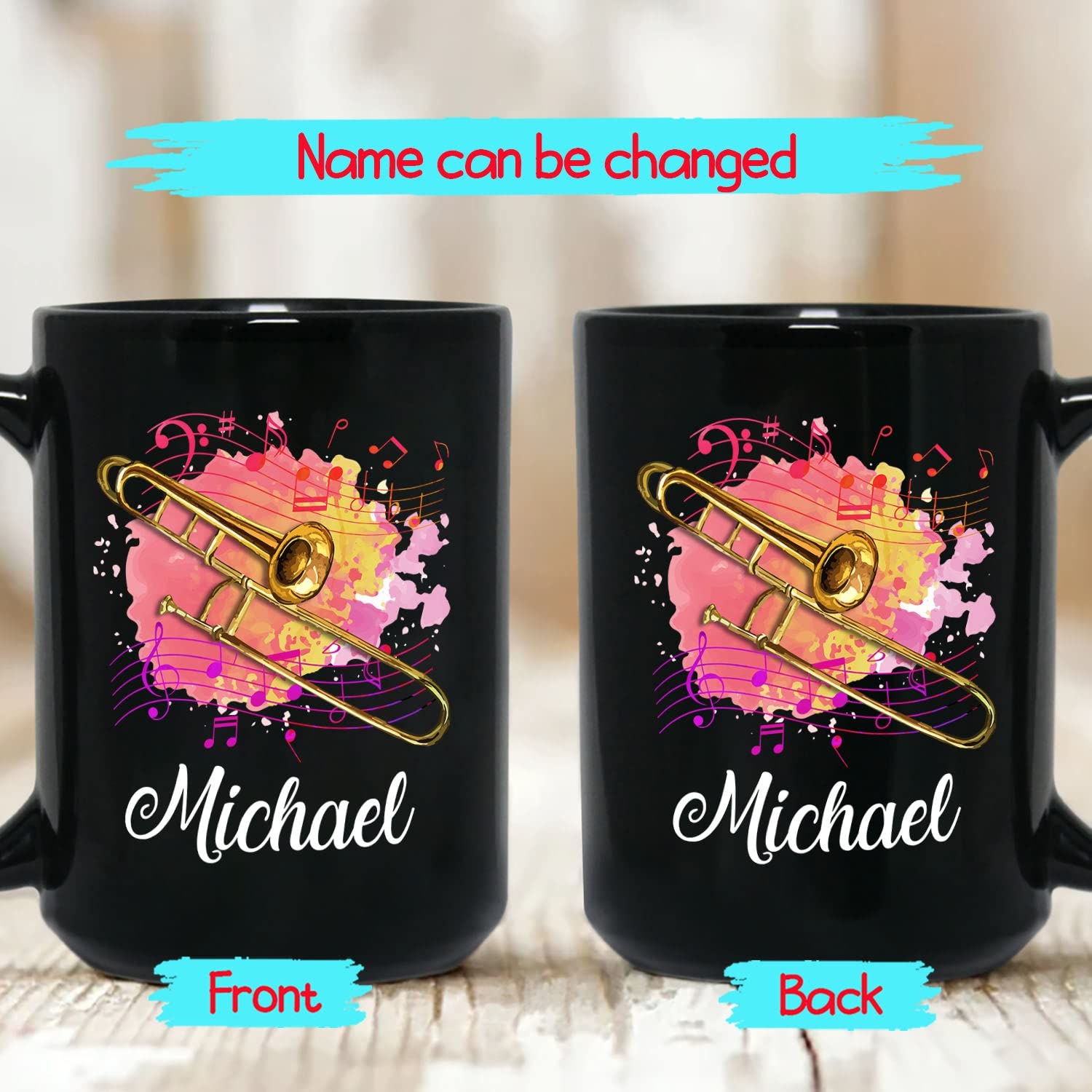 **Personalized Trombone Coffee Mug - Custom Name Engraved 11oz & 15oz Ceramic Cup - Perfect Gift for Trombone Players & Band Members - Ideal for Home, Office, Travel & Music Lovers**