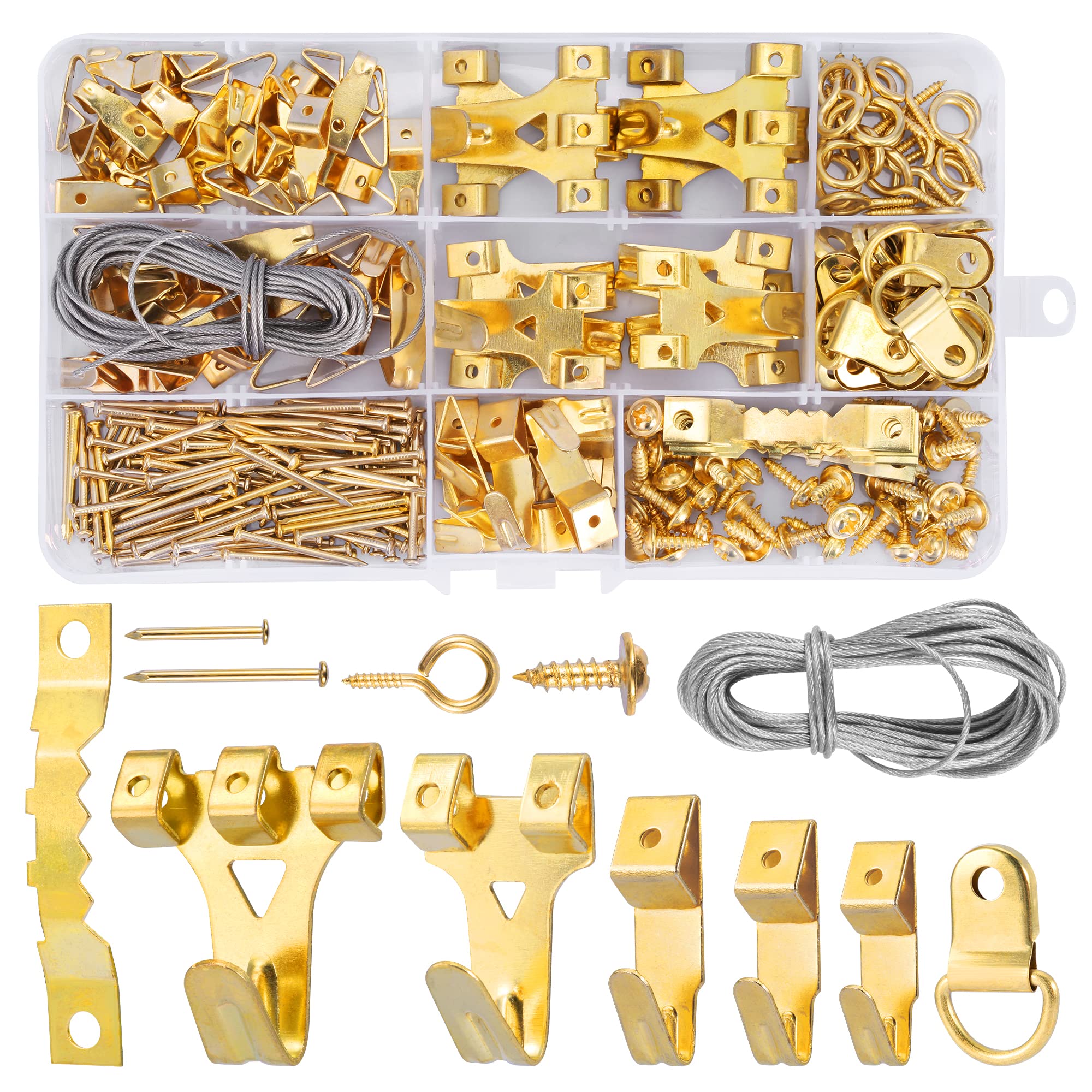 DazSpirit 250-Piece Picture Hanging Kit with Wall Hooks, Nails, Hanging Wire, Saw Tooth & D-Ring Hangers - Complete Photo Frame Hanging Solution for Home Decor & Gallery Wall Display