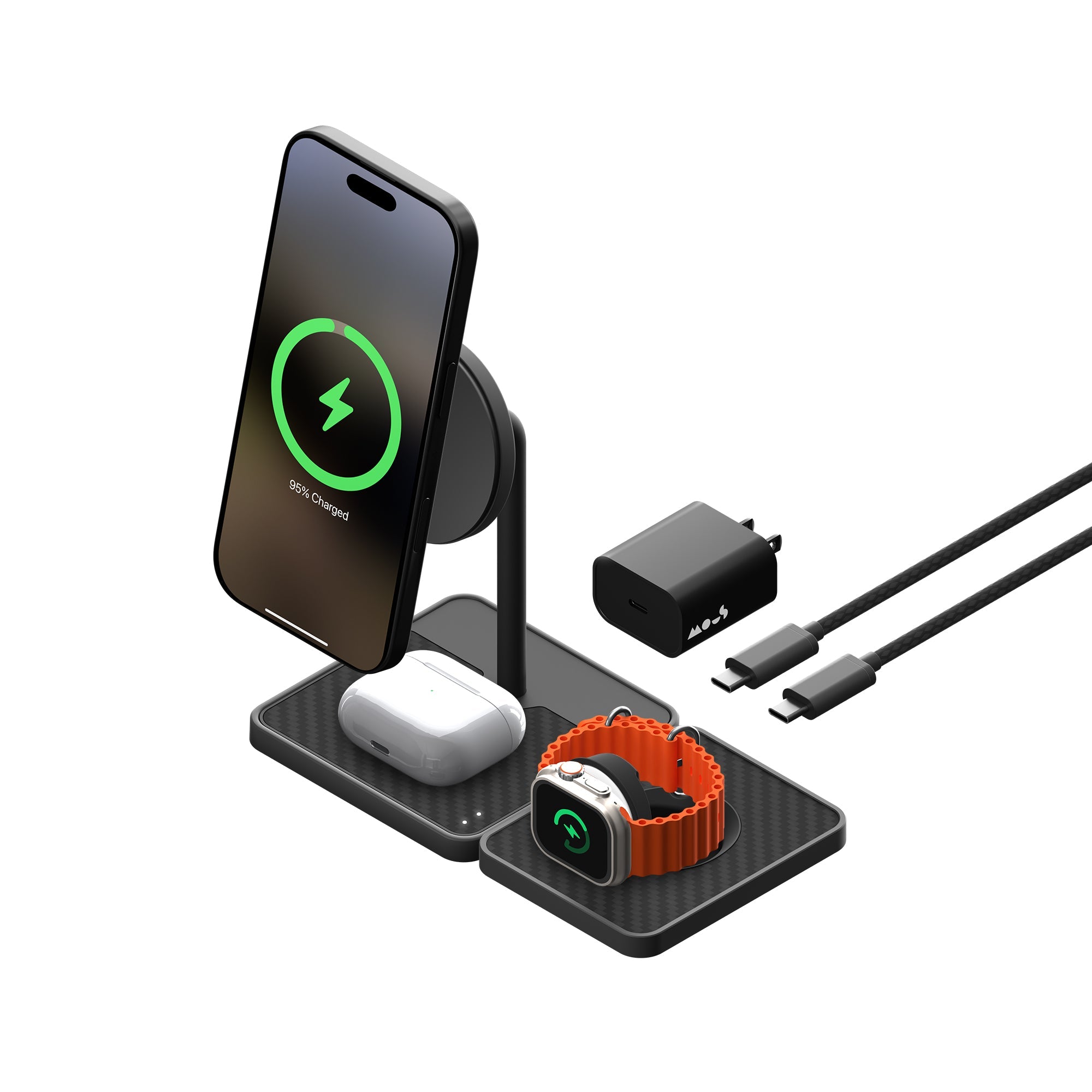 3-in-1 Wireless Charging Stand with Qi2 & MagSafe - Fast Charging for iPhone 15/14/13, AirPods & Apple Watch - Premium Aramid Fiber Design - Perfect for Home, Office & Travel