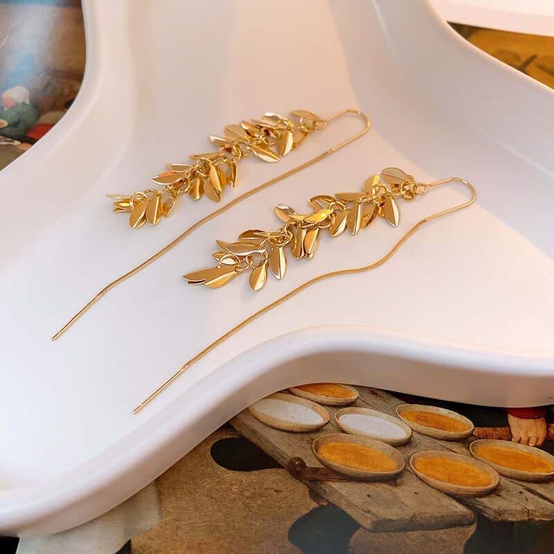 Vintage Gold Leaf Chain Threader Earrings - Dainty Boho Jewelry for Women | A7778 | Perfect for Parties, Weddings & Everyday Wear
