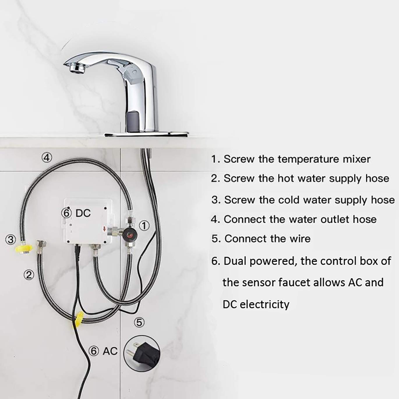 Automatic Touchless Bathroom Sink Faucet - Motion Sensor Hands-Free Chrome Vanity Faucet with Dual Power (Battery/AC), Temperature Mixer & Control Box - Ideal for Modern Homes, Public Restrooms & ADA Compliant Spaces