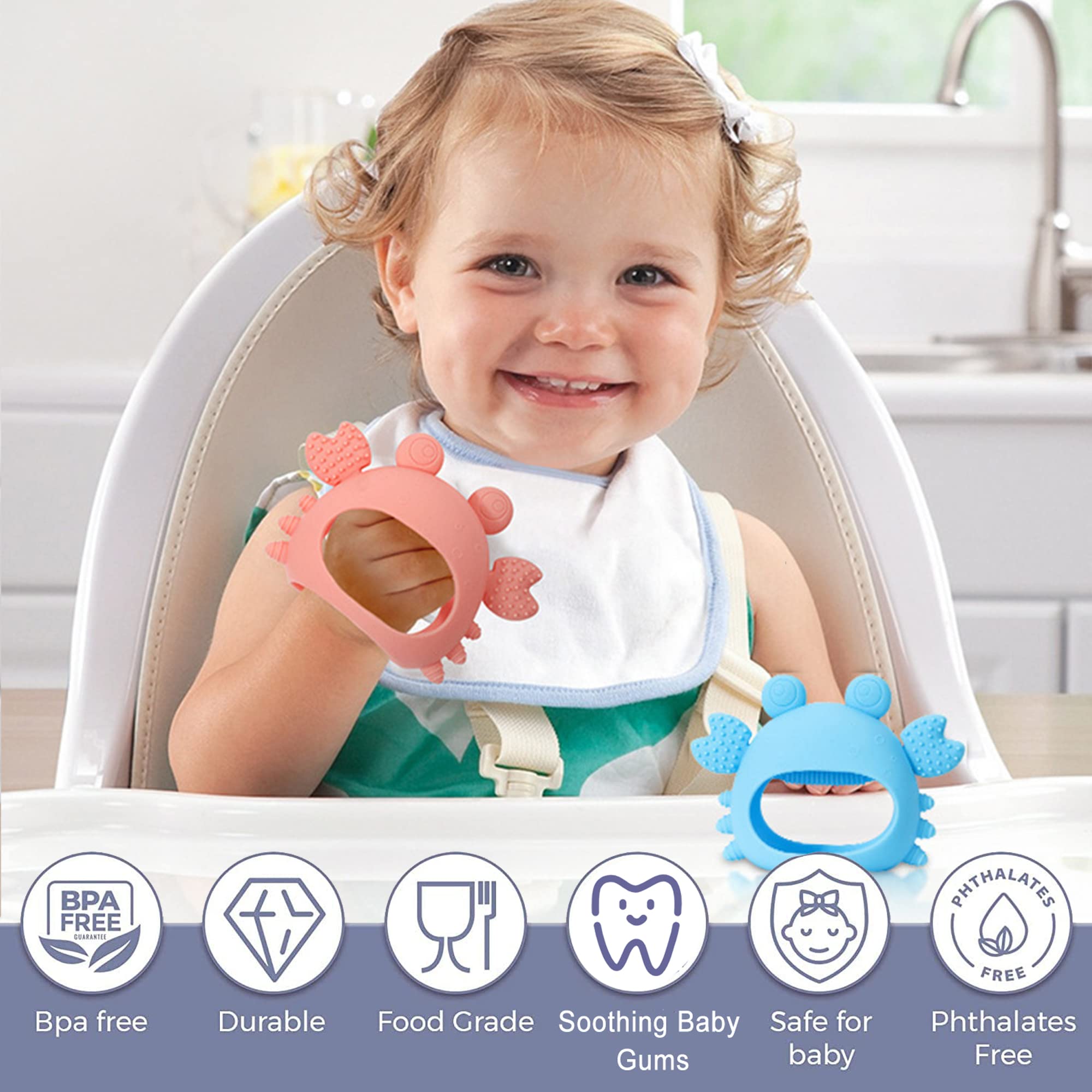 Never Drop Silicone Baby Teething Toys - Soothing Teether Mittens for Infants, Pain Relief Chew Toys for Sucking Needs (Crab Blue) | Perfect for On-the-Go Comfort & Daycare Use