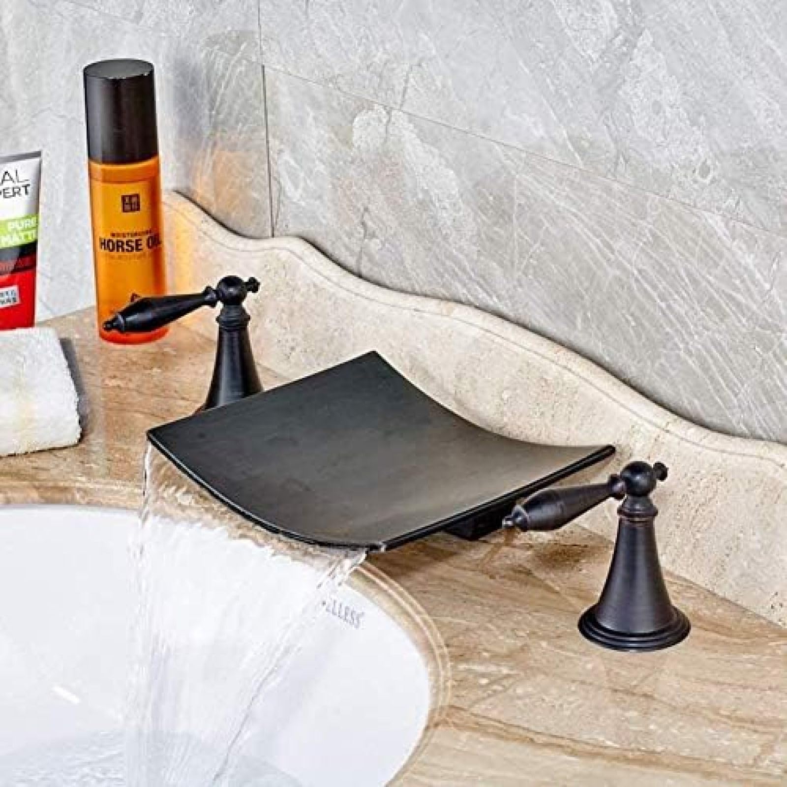 CRJUS Luxury Black Widespread Kitchen Sink Faucet with Wide Waterfall Spout and Two Handles, Ideal for Modern Home Kitchens and Bathroom Vanities