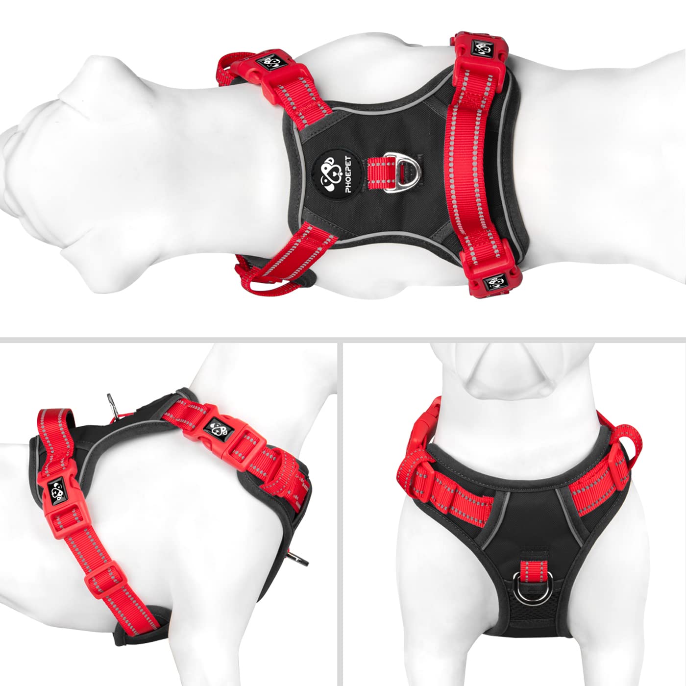 PHOEPET No Pull Dog Harness - Reflective Adjustable Pet Vest with Soft Training Handle & Metal Clips for Small Medium Large Dogs (Black/Red, Medium) - Perfect for Walking, Running, and Outdoor Adventures