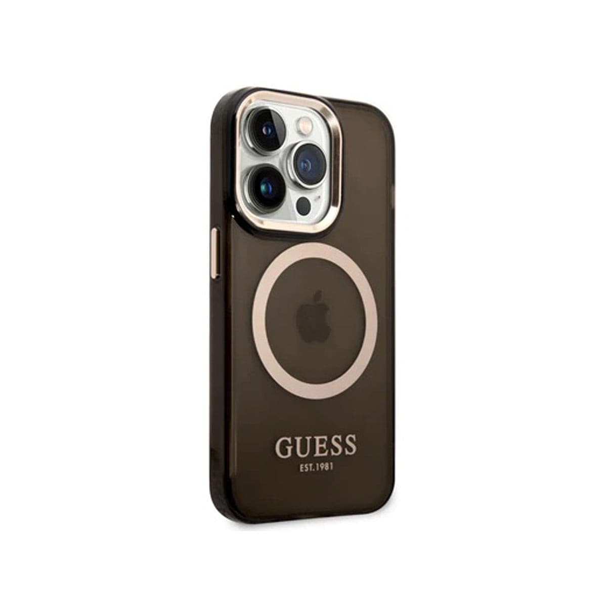 GUESS Ring Edition Translucent Black Case for iPhone 14 Pro Max - Slim Protective Phone Cover with Grip Ring Stand for Hands-Free Viewing & Selfies