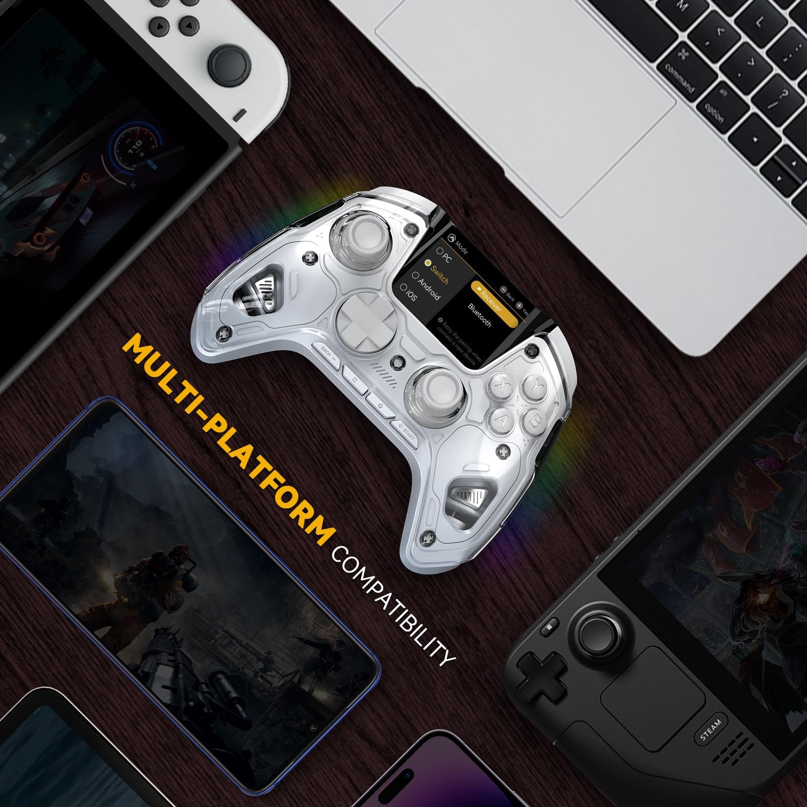 ManbaOne Wireless Gaming Controller for PC/Switch/iOS/Android - RGB, Remappable Buttons - Perfect for Gaming & Streaming