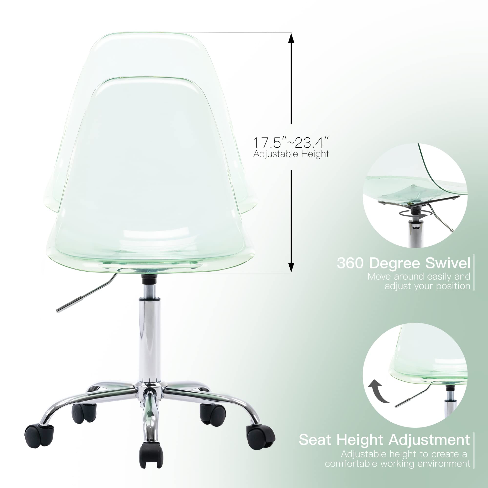 Modern Acrylic Clear Desk Chair - Adjustable Height Rolling Office Chair, Small Armless Vanity Chair for Home & Office, Green Lucite Ghost Chair with Wheels - Perfect for Workspaces, Makeup Vanities & Modern Decor