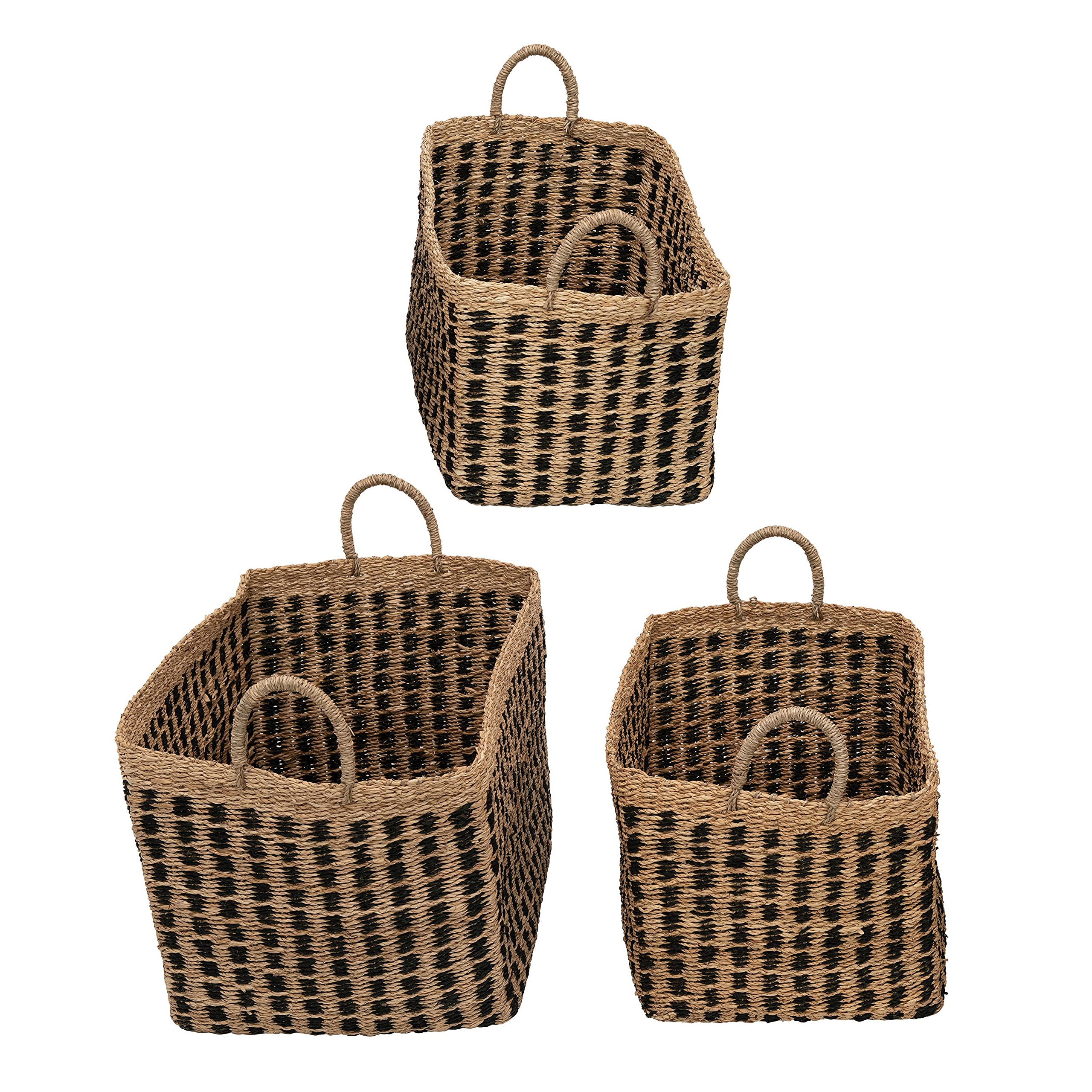 Hand-Woven Seagrass Baskets with Handles - Set of 3 Natural Black Storage Baskets (Each Unique) - Perfect for Home Organization, Laundry, or Farmhouse Decor
