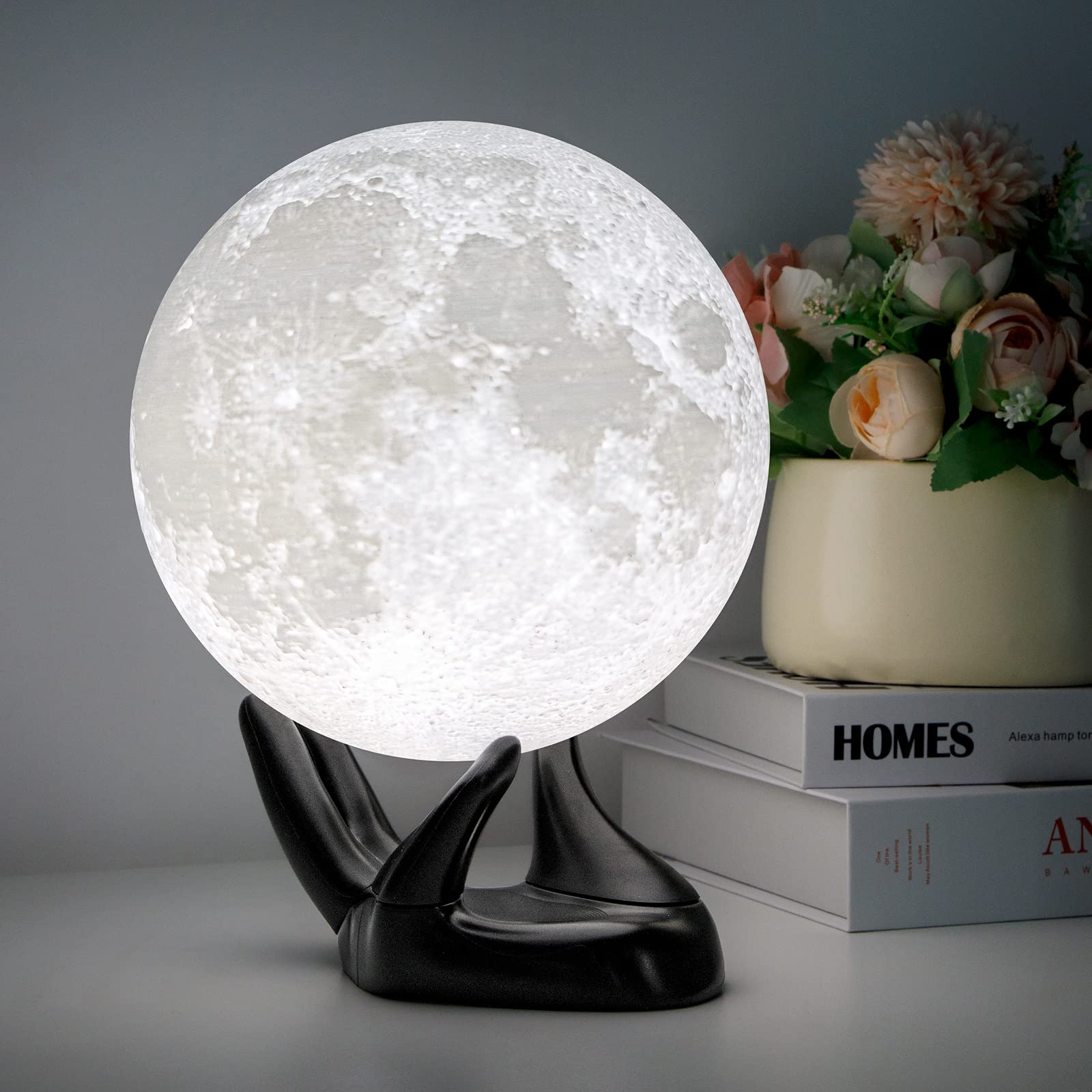 3D Printed Moon Lamp - 4.7 Inch USB Rechargeable Night Light with Touch Control, Adjustable Brightness & Warm/Cool White Colors | Perfect Gift for Kids, Girls, Boys & Women | Bedroom Decor, Nursery Night Light, Romantic Mood Lighting (Black Hand Stand)