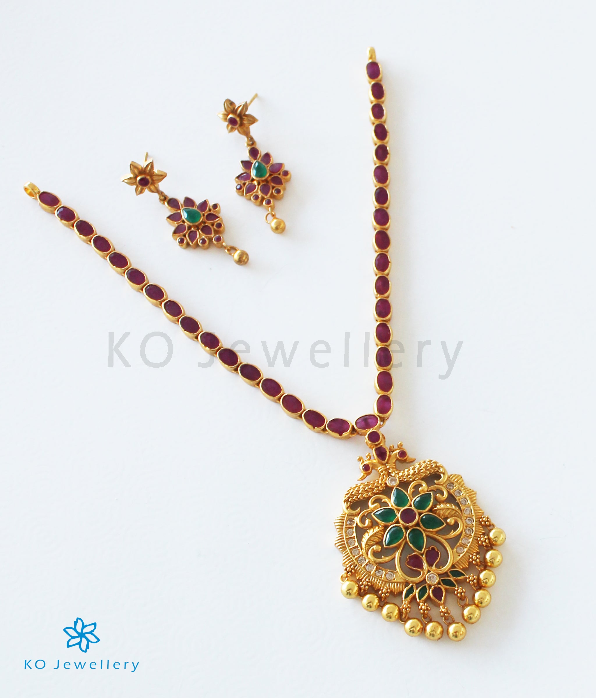 Chaitali Sterling Silver Peacock Kemp Necklace (Red) - Elegant Indian Jewelry for Weddings, Parties & Festive Occasions