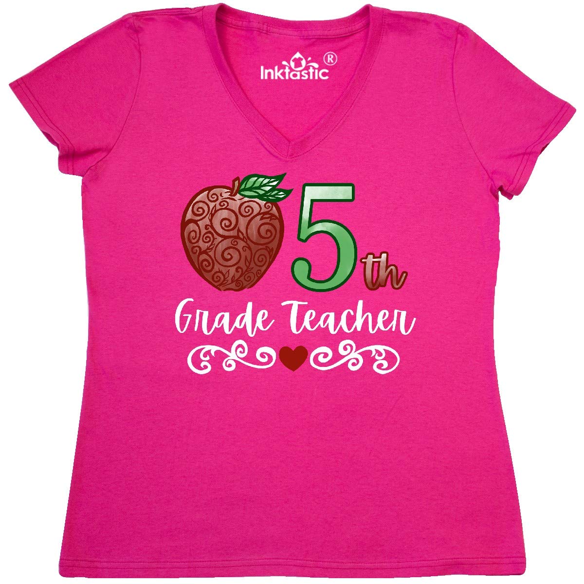 Inktastic 5th Grade Teacher Women's V-Neck T-Shirt with Red Apple Design - Perfect for Teacher Appreciation, Classroom Wear & School Spirit Outfits