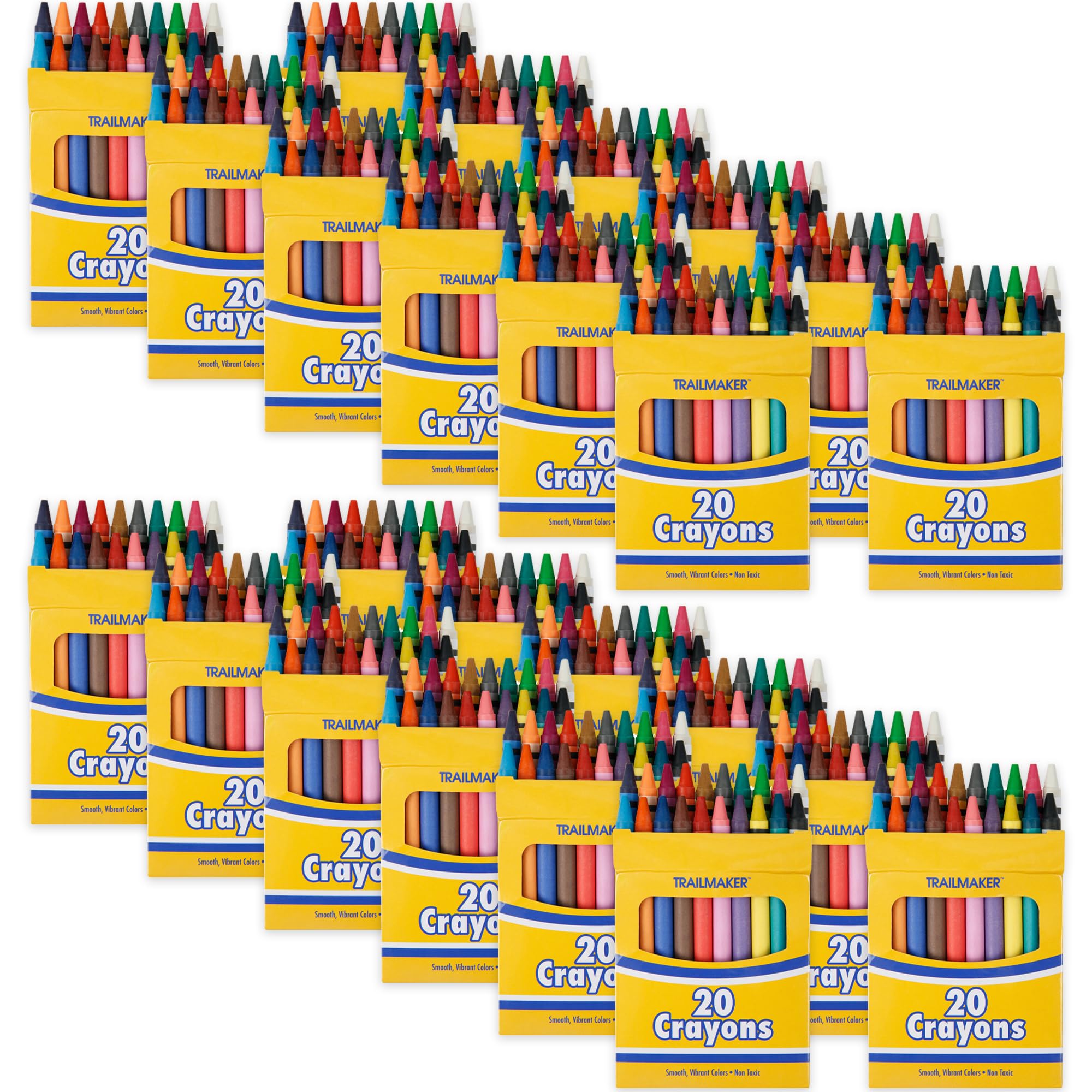 Trail Maker Bulk Crayons 100-Pack - 20 Vibrant Colors Per Box, Non-Toxic Wax Crayons for Kids Ages 4-8 | Perfect for Classroom Activities, Art Projects & Birthday Party Favors