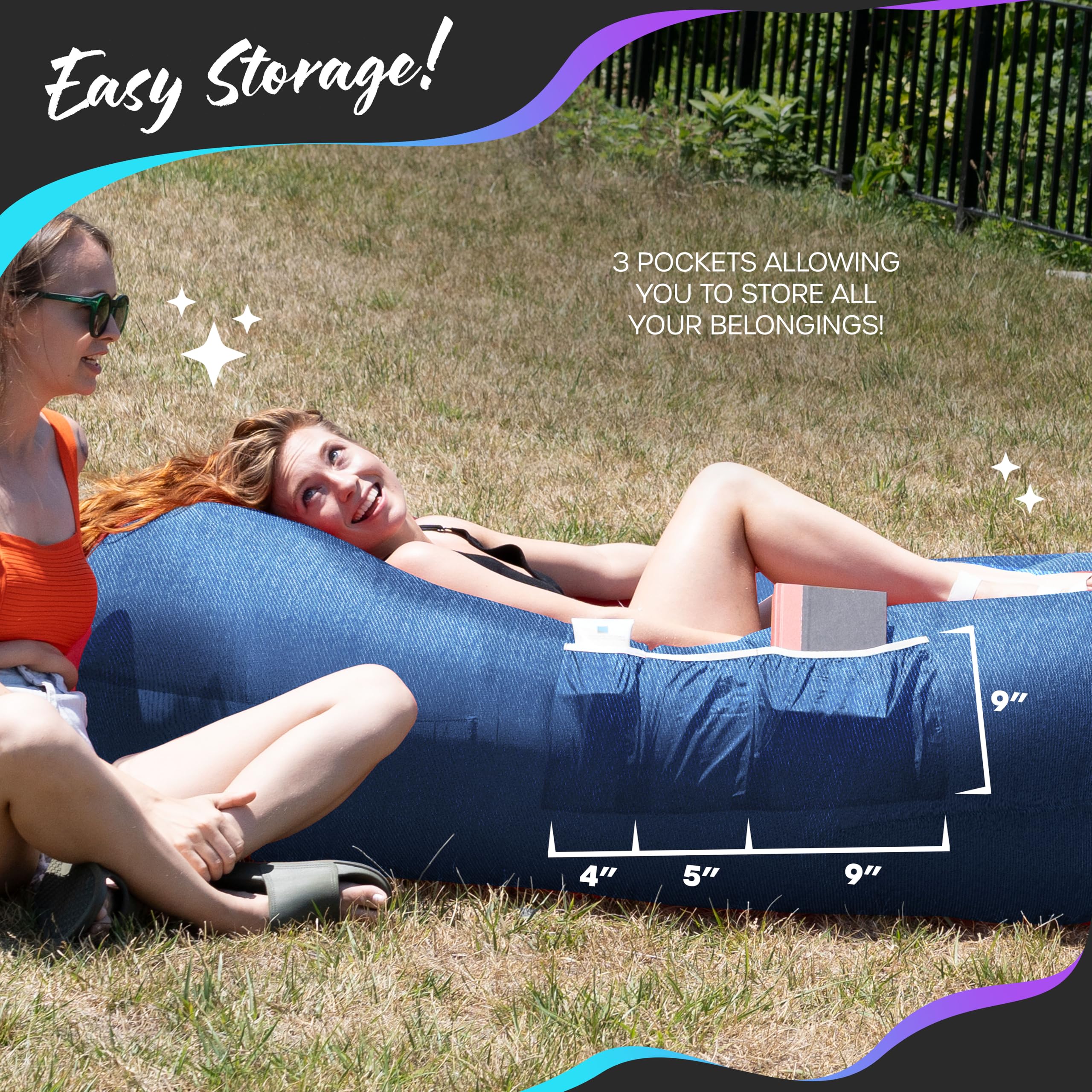 Nevlers 2 Pack Inflatable Loungers - Portable Air Sofa Couch for Beach, Camping & Outdoor | Includes Travel Bag, Pegs & 3 Storage Pockets | Perfect for Picnics, Backyard Relaxing, Poolside Lounging & Festival Seating | Quick Blow Up Lounger Chair