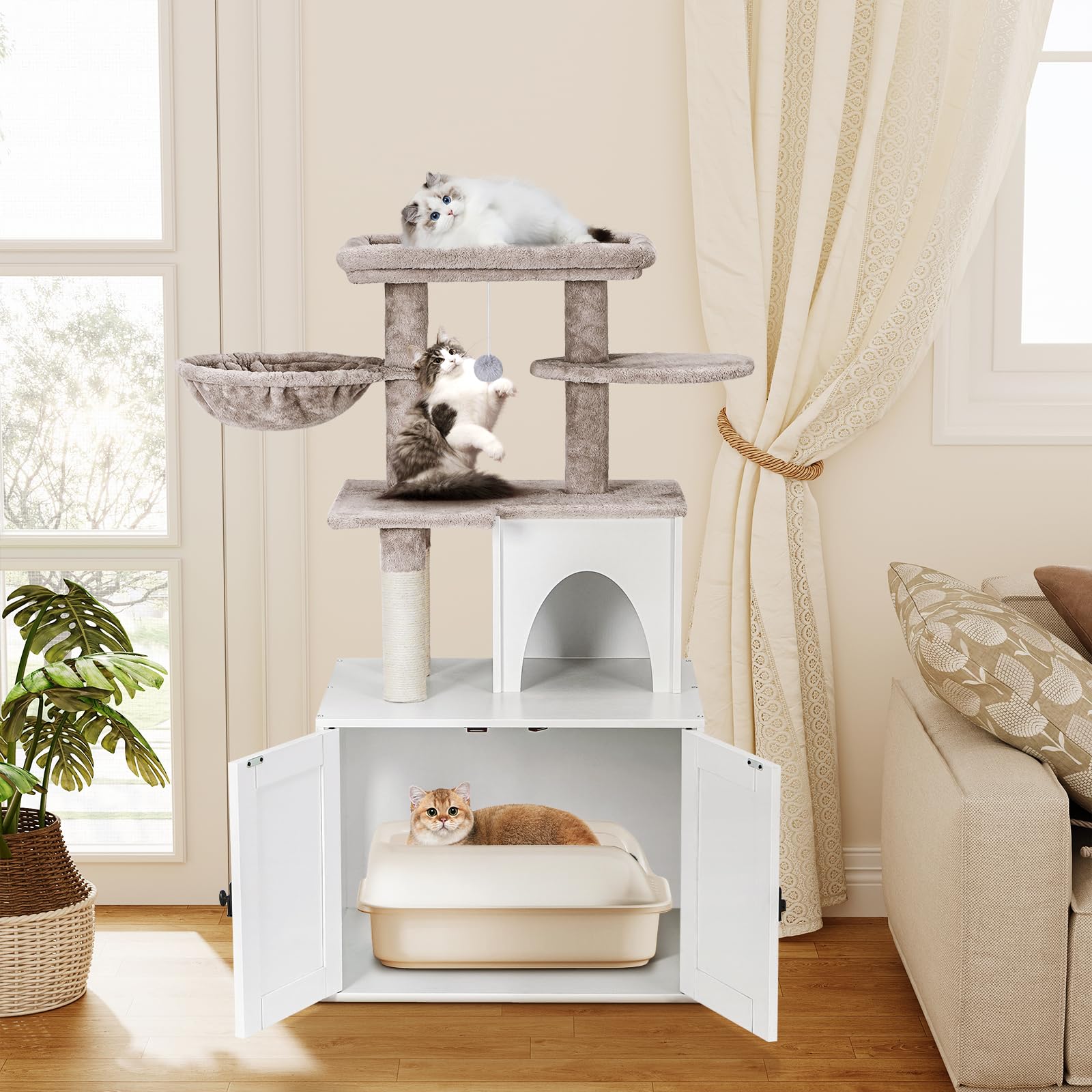 Snughome Wooden Cat Litter Box Enclosure with Cat Tree Tower & Condo - Hidden Cat Washroom Furniture with Sisal Scratching Post, Soft Plush Perch & Multiple Platforms - White - Perfect for Small Spaces & Multi-Cat Homes