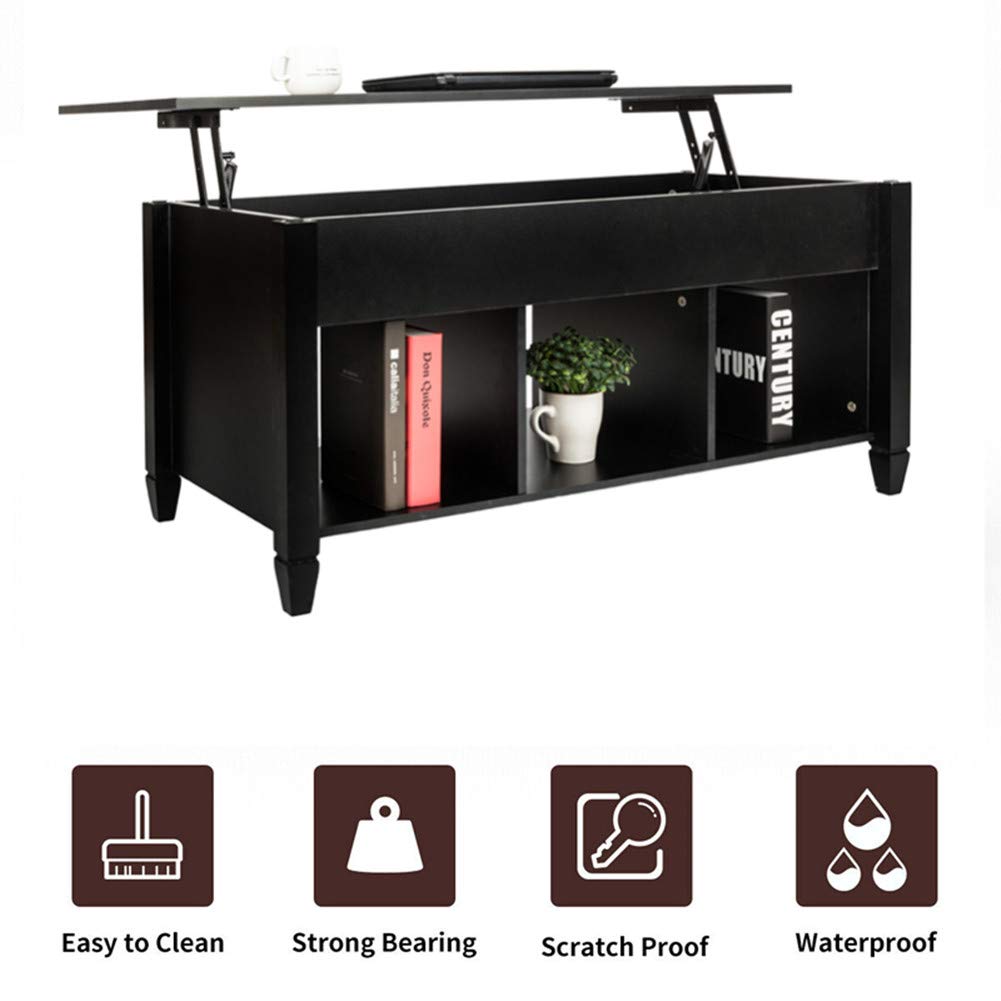 Modern Lift Top Coffee Table with Hidden Storage - Solid Wood Lift-Top Design for Living Room, Home Office & Dining - Black Lift-Top Table with Compartment for Remote, Books & Essentials