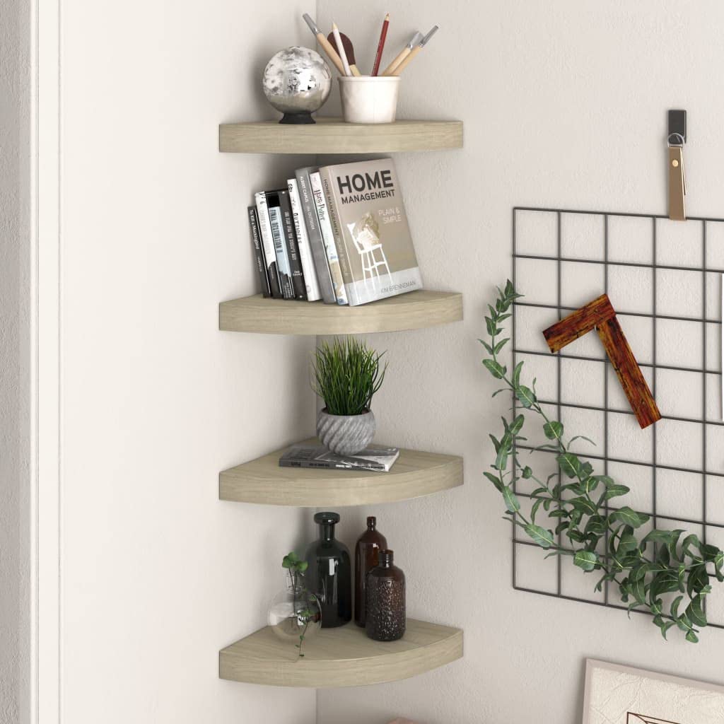 Modern Floating Corner Shelves Set of 4 - 9.8x9.8x1.5 Inch Oak MDF Wall Mounted Storage - Perfect for Living Room, Bedroom, Bathroom & Porch Decor - Space Saving Bookshelf & Display Shelf for Home Organization