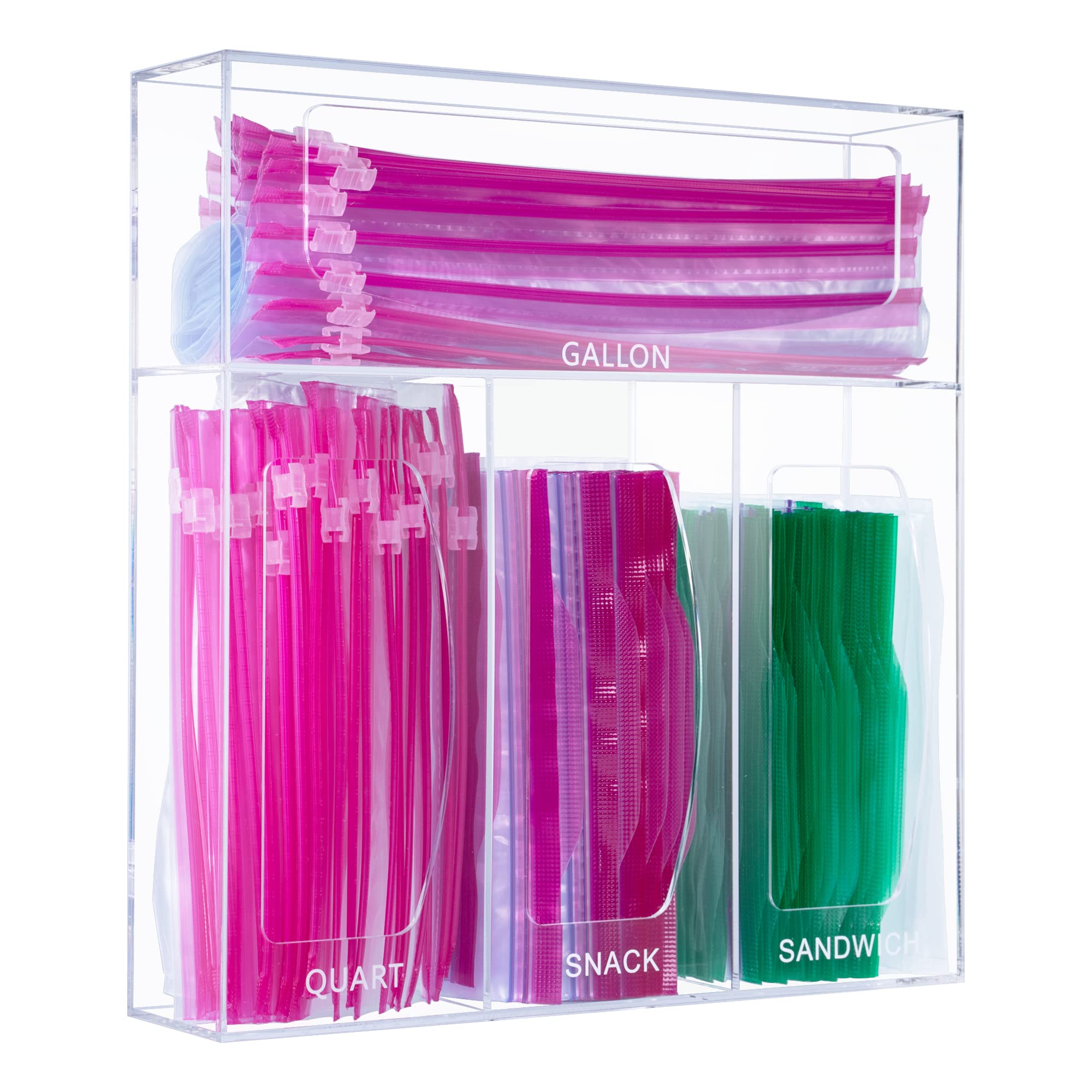 Clear Acrylic Bag Storage Organizer for Kitchen Drawer - Food Storage Bag Holder Compatible with Ziplock, Glad, Hefty, Gallon, Quart, Sandwich & Snack Bags - Perfect for Pantry, Fridge & Countertop Organization