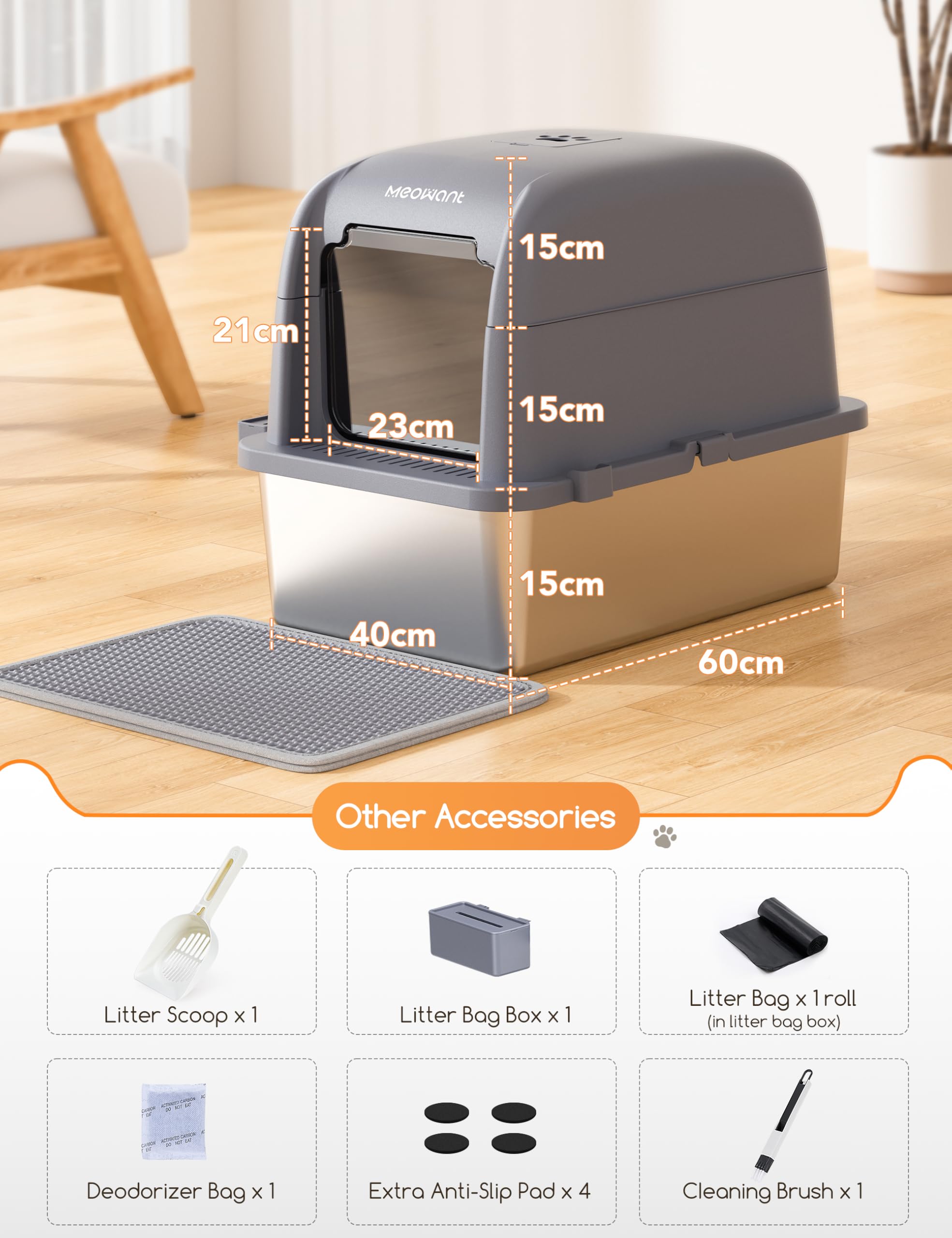 Premium Stainless Steel Cat Litter Box with Lid - XXL Enclosed Litter Pan for Large Cats, Odor-Proof & Non-Stick Surface, Easy Clean Detachable Design (Grey) - Perfect for Small Spaces & Multi-Cat Homes