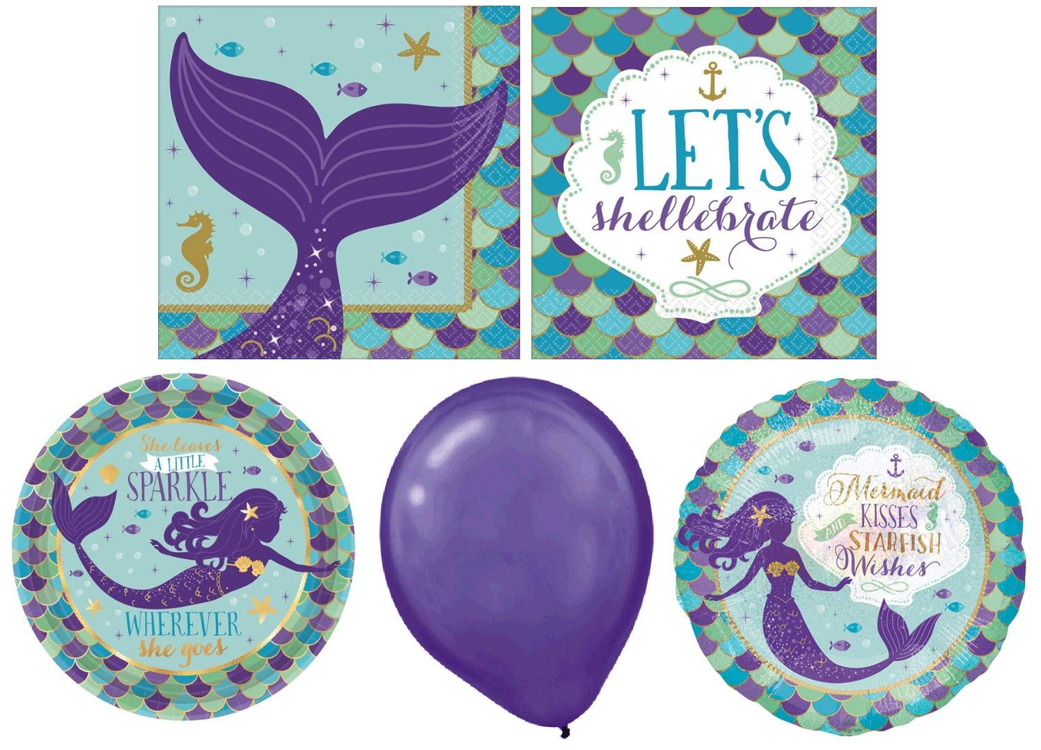 Mermaid Party Supplies for 16 Guests - 16 Plates, 16 Napkins, Purple Balloons & Mermaid Balloon Decorations | Perfect for Birthday Parties, Baby Showers & Themed Events