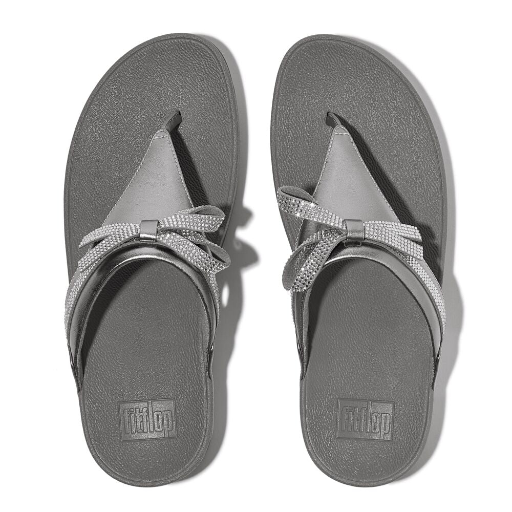 FitFlop Lulu Glitz Bow Leather Sandals for Women - Comfortable Metallic Silver Gladiator Sandals with Adjustable Straps | Perfect for Summer, Beach, Vacation and Casual Outfits