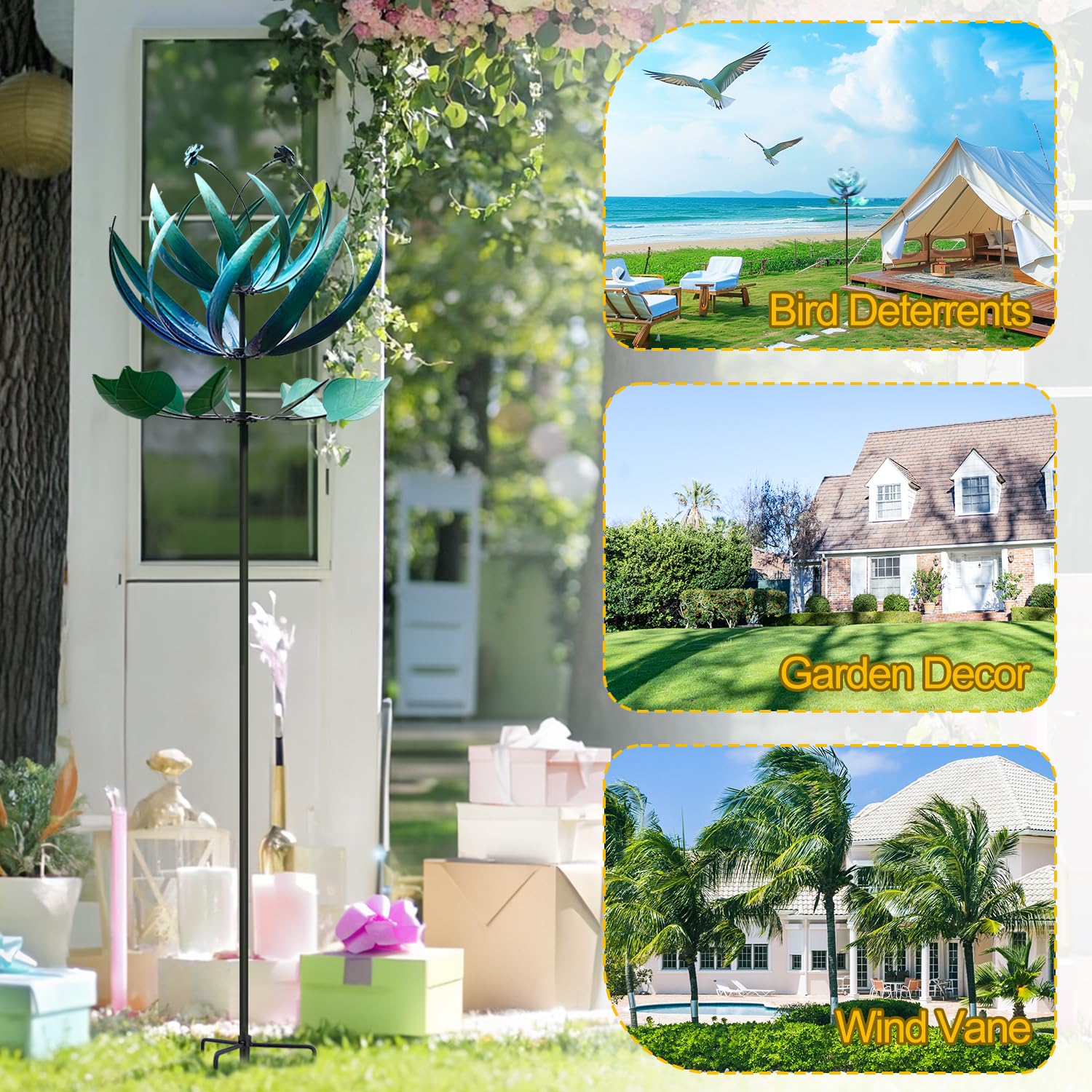 LimeHill Large Metal Wind Spinner for Yard & Garden Decor - 24x84 Inch Blue Lotus Wind Spinner Outdoor Decorations | Perfect for Patio, Lawn, Backyard & Garden Decoration