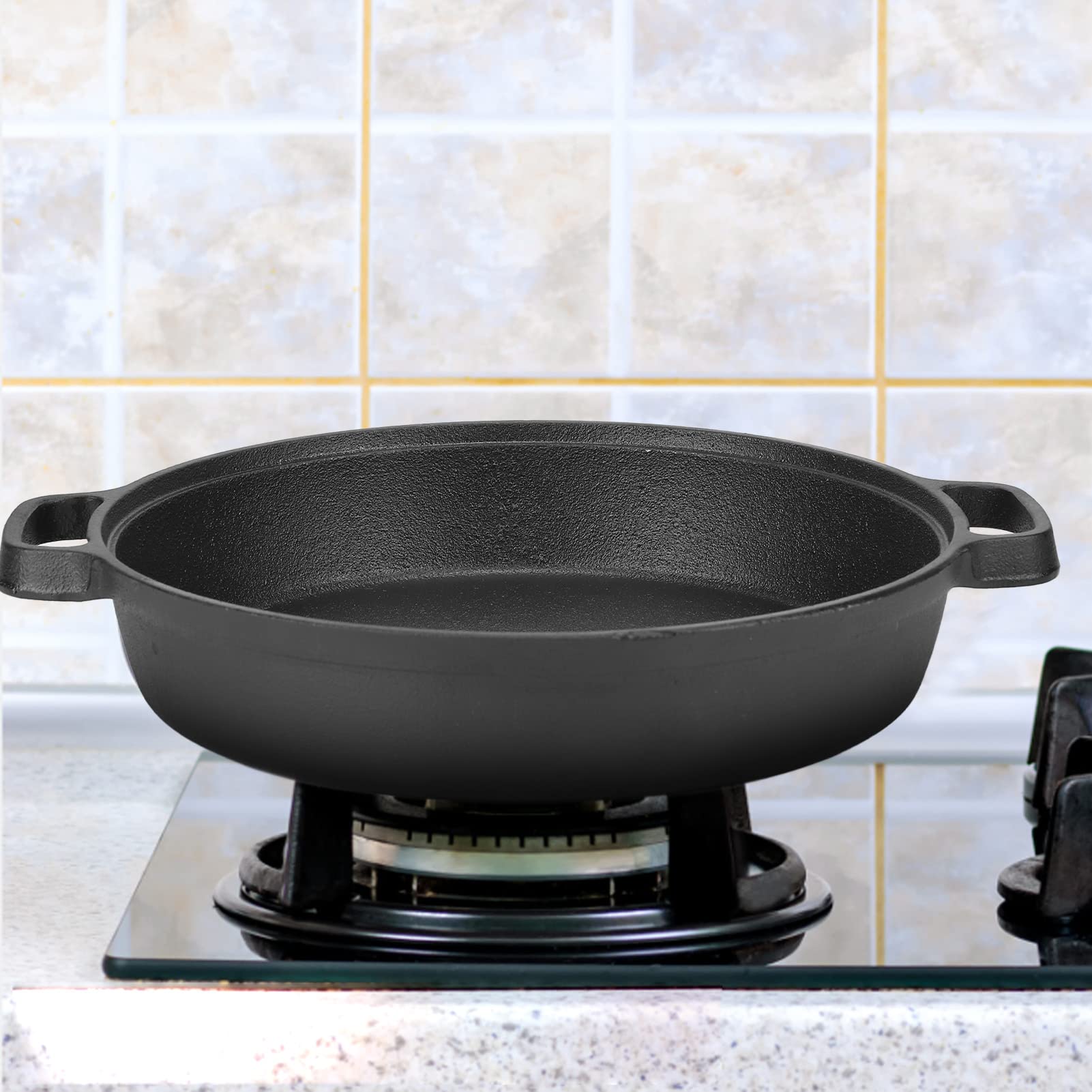 25CM Thickened Cast Iron Pancake Pan - Heavy Duty Flat Bottom Frying Pan with 2 Handles for Home Kitchen - Perfect for Pancakes, Eggs, Steaks & More