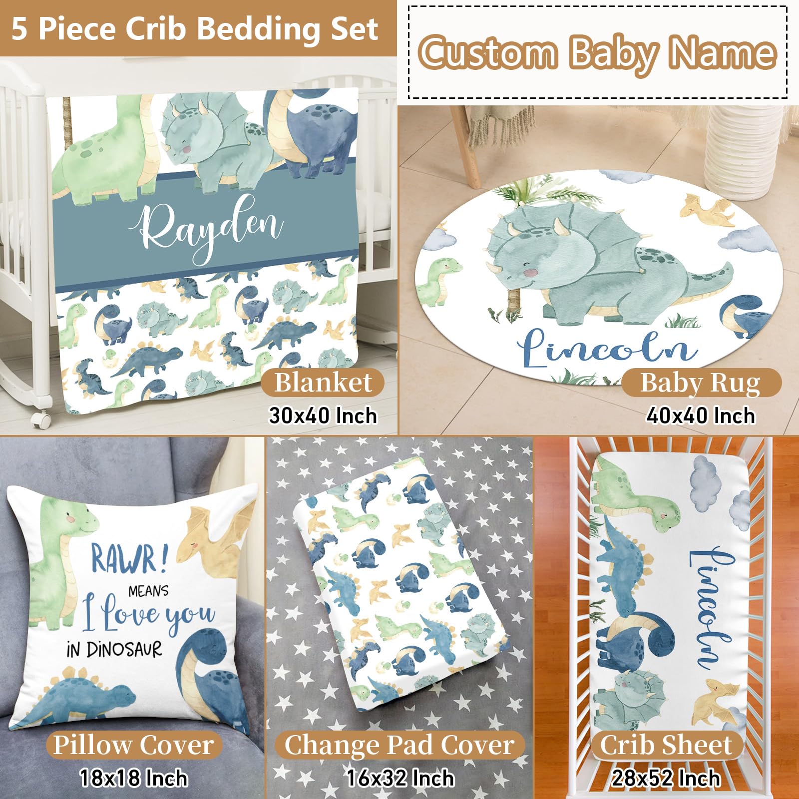 **Personalized Dinosaur Crib Bedding Set for Baby Boys & Girls - 5-Piece Nursery Set with Custom Name, Soft Crib Sheets, Blanket & Pillowcase - Perfect Baby Shower Gift & New Parents Gift for Dinosaur-Themed Nursery**    *(Ideal for dinosaur-themed nurseries, baby showers, or as a cozy and stylish gift for new parents!)*