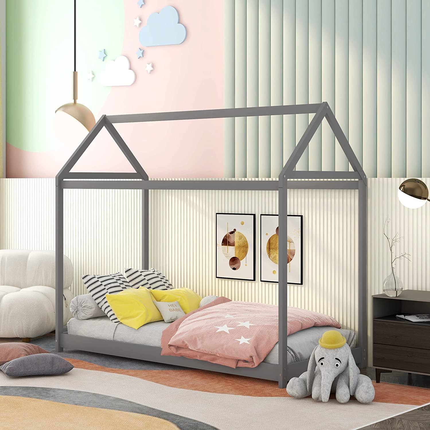 Wooden Twin Bed Frame for Kids - Sturdy Platform Bed with No Box Spring Needed, Gray - Perfect for Children's Bedrooms, Guest Rooms & Small Spaces