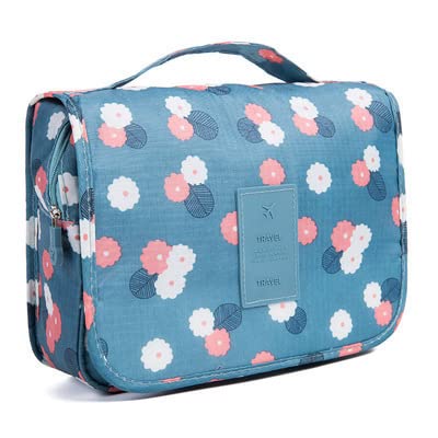 Waterproof Hanging Travel Makeup Bag with Hook - Large Cosmetic Organizer for Toiletries, Shampoo & Full-Size Bottles | Perfect for Vacation, Gym & Business Trips (Blue Floral Design)