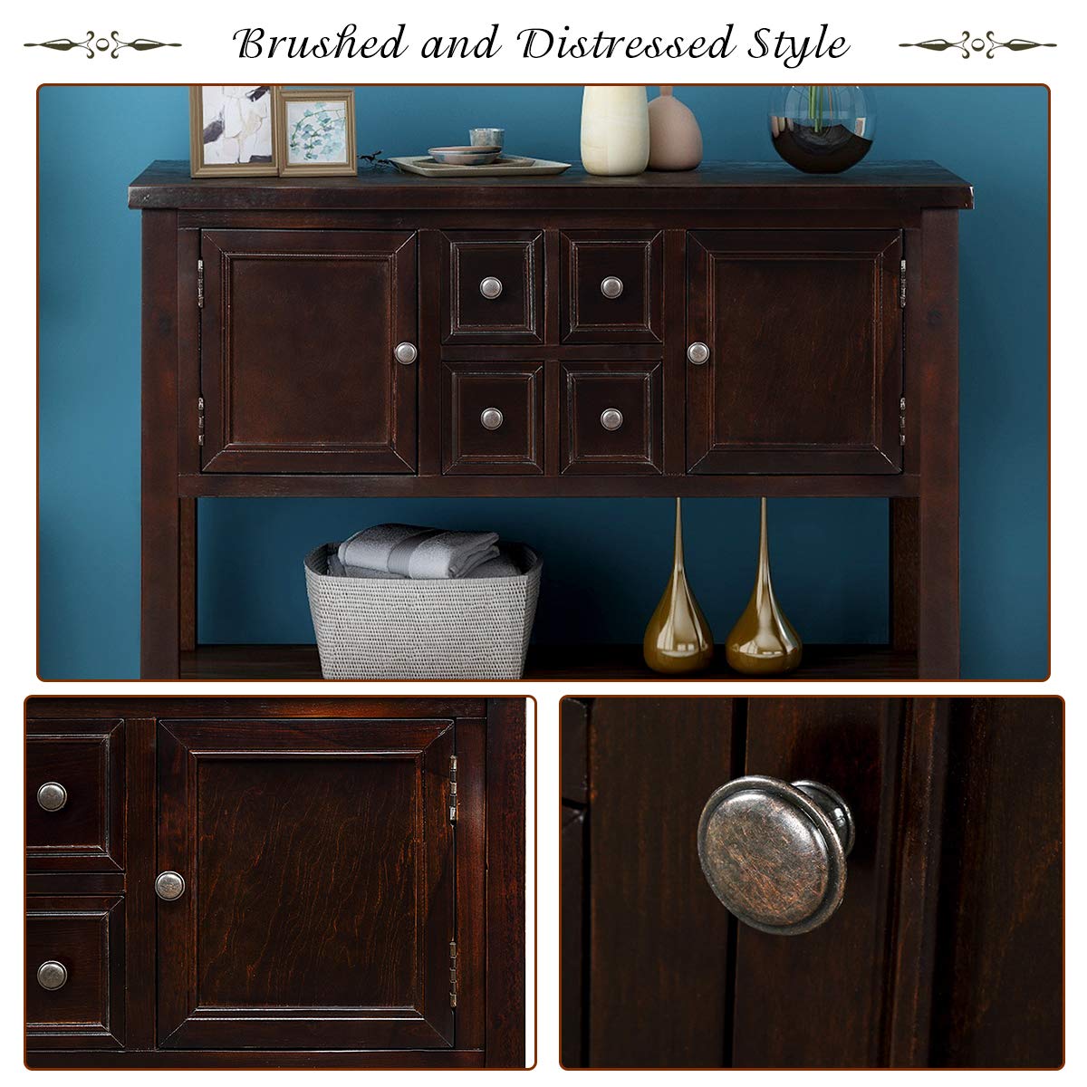 46 Inch Solid Wood Console Table with 4 Drawers & 2 Doors - Entryway Buffet Cabinet, Sofa Table with Bottom Display Shelf for Living Room, Kitchen, Dining Room & Hallway | Perfect for Storage & Home Decor